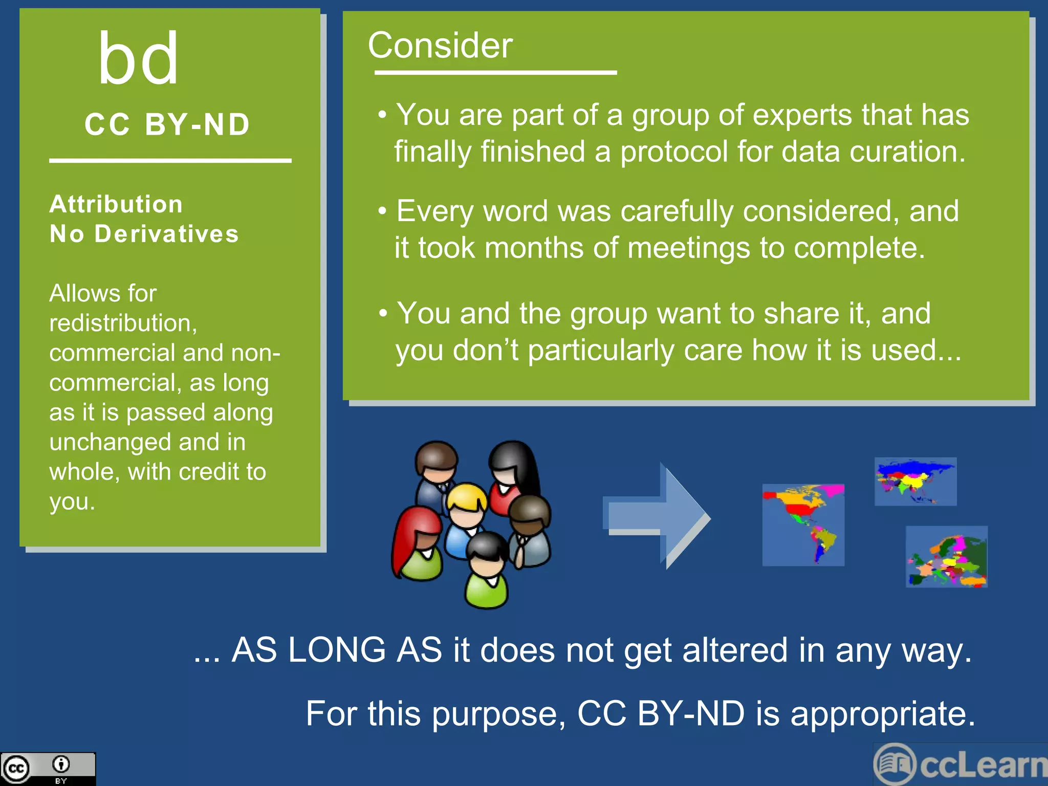 CC BY-ND Attribution  No Derivatives  Allows for redistribution, commercial and non-commercial, as long as it is passed along unchanged and in whole, with credit to you. b   d Consider  •  You are part of a group of experts that has  finally finished a protocol for data curation. •  Every word was carefully considered, and  it took months of meetings to complete. •  You and the group want to share it, and  you don’t particularly care how it is used... ... AS LONG AS it does not get altered in any way. For this purpose, CC BY-ND is appropriate. 