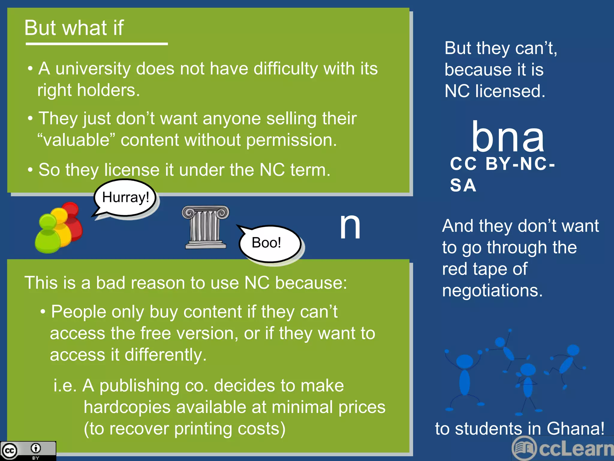 But what if  •  A university does not have difficulty with its  right holders.  •  So they license it under the NC term.  This is a bad reason to use NC because: •  They just don’t want anyone selling their  “ valuable” content without permission.  n •  People only buy content if they can’t  access the free version, or if they want to  access it differently. i.e. A publishing co. decides to make  hardcopies available at minimal prices  (to recover printing costs) to students in Ghana! CC BY-NC-SA b   n   a But they can’t, because it is NC licensed.  And they don’t want to go through the red tape of negotiations. Hurray! Boo! 