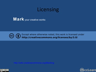 Licensing Mark  your creative works http://wiki.creativecommons.org/Marking 