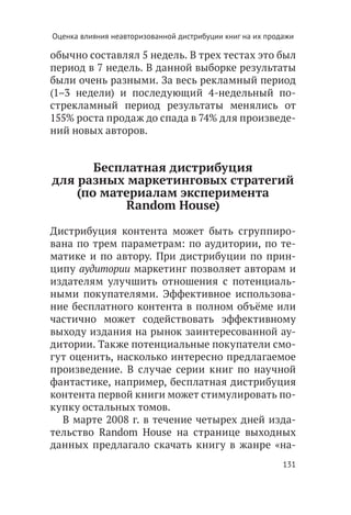 Оценка влияния неавторизованной дистрибуции книг на их продажи

обычно составлял 5 недель. В трех тестах это был
период в 7 недель. В данной выборке результаты
были очень разными. За весь рекламный период
(1–3 недели) и последующий 4-недельный по-
стрекламный период результаты менялись от
155% роста продаж до спада в 74% для произведе-
ний новых авторов.


       Бесплатная дистрибуция
для разных маркетинговых стратегий
    (по материалам эксперимента
            Random House)

Дистрибуция контента может быть сгруппиро-
вана по трем параметрам: по аудитории, по те-
матике и по автору. При дистрибуции по прин-
ципу аудитории маркетинг позволяет авторам и
издателям улучшить отношения с потенциаль-
ными покупателями. Эффективное использова-
ние бесплатного контента в полном объёме или
частично может содействовать эффективному
выходу издания на рынок заинтересованной ау-
дитории. Также потенциальные покупатели смо-
гут оценить, насколько интересно предлагаемое
произведение. В случае серии книг по научной
фантастике, например, бесплатная дистрибуция
контента первой книги может стимулировать по-
купку остальных томов.
  В марте 2008 г. в течение четырех дней изда-
тельство Random House на странице выходных
данных предлагало скачать книгу в жанре «на-
                                                           131
 