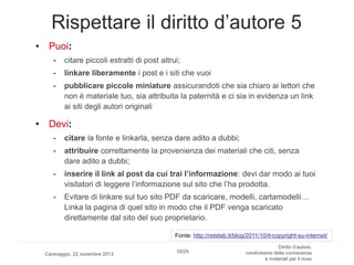 Rispettare il diritto d’autore 5
• Puoi:
-

citare piccoli estratti di post altrui;

-

linkare liberamente i post e i siti che vuoi

-

pubblicare piccole miniature assicurandoti che sia chiaro ai lettori che
non è materiale tuo, sia attribuita la paternità e ci sia in evidenza un link
ai siti degli autori originali

• Devi:
-

citare la fonte e linkarla, senza dare adito a dubbi;

-

attribuire correttamente la provenienza dei materiali che citi, senza
dare adito a dubbi;

-

inserire il link al post da cui trai l’informazione: devi dar modo ai tuoi
visitatori di leggere l’informazione sul sito che l’ha prodotta.

-

Evitare di linkare sul tuo sito PDF da scaricare, modelli, cartamodelli…
Linka la pagina di quel sito in modo che il PDF venga scaricato
direttamente dal sito del suo proprietario.
Fonte: http://retelab.it/blog/2011/10/il-copyright-su-internet/

Caravaggio, 22 novembre 2013

10/29

Diritto d’autore,
condivisione della conoscenza
e materiali per il riuso

 