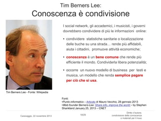 Tim Berners Lee:

Conoscenza è condivisione
I social network, gli accademici, i musicisti, i governi
dovrebbero condividere di più le informazioni online:
• condividere statistiche sanitarie o localizzazione
delle buche su una strada… rende più affidabili,
aiuta i cittadini, promuove attività economiche;
• conoscenza è un bene comune che rende più
efficiente il mondo. Condividerla libera potenzialità;

• occorre un nuovo modello di business per testi e
musica, un modello che renda semplice pagare
per ciò che si usa.
Tim Berners Lee - Fonte: Wikipedia
Fonti:
•Punto informatico – Articolo di Mauro Vecchio, 28 gennaio 2013
•Web founder Berners-Lee: Share info, improve the world – by Stephen
Shankland January 25, 2013 – CNET
Caravaggio, 22 novembre 2013

18/29

Diritto d’autore,
condivisione della conoscenza
e materiali per il riuso

 
