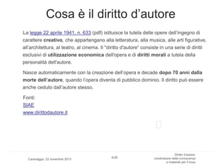 Cosa è il diritto d’autore
La legge 22 aprile 1941, n. 633 (pdf) istituisce la tutela delle opere dell’ingegno di
carattere creativo, che appartengano alla letteratura, alla musica, alle arti figurative,

all’architettura, al teatro, al cinema. Il "diritto d'autore“ consiste in una serie di diritti
esclusivi di utilizzazione economica dell'opera e di diritti morali a tutela della
personalità dell'autore.
Nasce automaticamente con la creazione dell’opera e decade dopo 70 anni dalla
morte dell’autore, quando l’opera diventa di pubblico dominio. Il diritto può essere
anche ceduto dall’autore stesso.
Fonti:
SIAE
www.dirittodautore.it

Caravaggio, 22 novembre 2013

4/29

Diritto d’autore,
condivisione della conoscenza
e materiali per il riuso

 