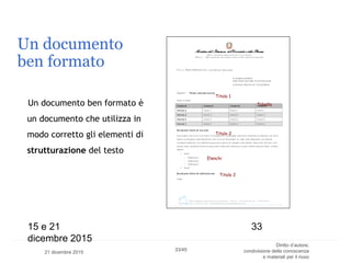 21 dicembre 2015
33/45
Diritto d’autore,
condivisione della conoscenza
e materiali per il riuso
Un documento
ben formato
U...