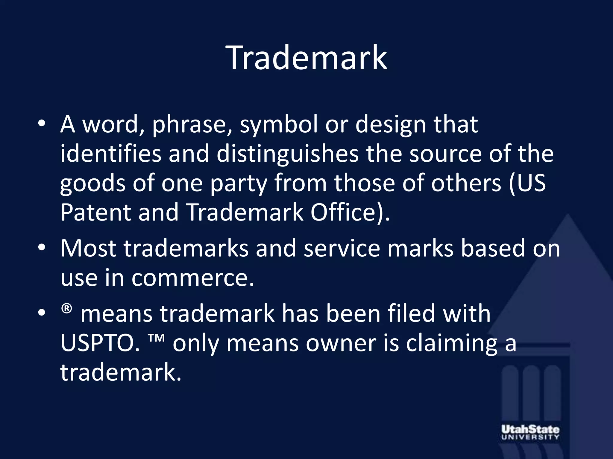 TrademarkA word, phrase, symbol or design that identifies and distinguishes the source of the goods of one party from those of others (US Patent and Trademark Office).Most trademarks and service marks based on use in commerce.® means trademark has been filed with USPTO. ™ only means owner is claiming a trademark.
