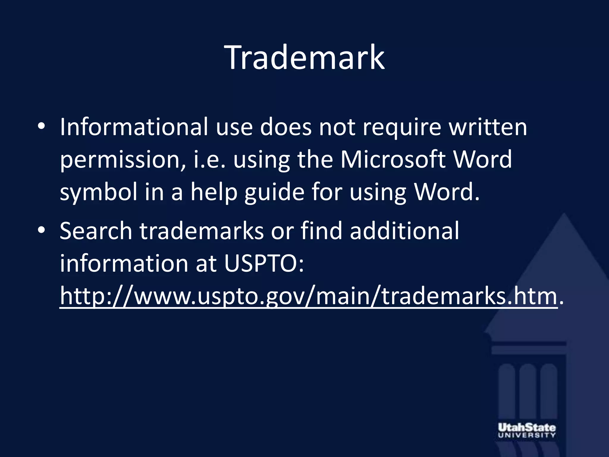 TrademarkInformational use does not require written permission, i.e. using the Microsoft Word symbol in a help guide for using Word.Search trademarks or find additional information at USPTO: http://www.uspto.gov/main/trademarks.htm. 