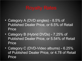 Royalty Rates Category A (DVD singles) - 8.5% of Published Dealer Price, or 6.5% of Retail Price Category B (Hybrid DVDs) - 7.25% of Published Dealer Price, or 5.54% of Retail Price Category C (DVD-Video albums) - 6.25% of Published Dealer Price, or 4.78 of Retail Price 