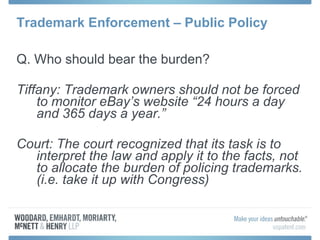 Trademark Enforcement – Public Policy Q. Who should bear the burden? Tiffany: Trademark owners should not be forced to monitor eBay’s website “24 hours a day and 365 days a year.”   Court: The court recognized that its task is to interpret the law and apply it to the facts, not to allocate the burden of policing trademarks. (i.e. take it up with Congress) 