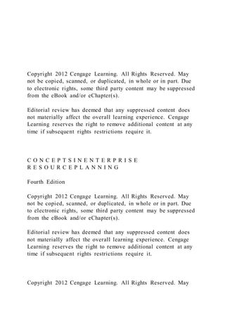 Copyright 2012 Cengage Learning. All Rights Reserved. May
not be copied, scanned, or duplicated, in whole or in part. Due
to electronic rights, some third party content may be suppressed
from the eBook and/or eChapter(s).
Editorial review has deemed that any suppressed content does
not materially affect the overall learning experience. Cengage
Learning reserves the right to remove additional content at any
time if subsequent rights restrictions require it.
C O N C E P T S I N E N T E R P R I S E
R E S O U R C E P L A N N I N G
Fourth Edition
Copyright 2012 Cengage Learning. All Rights Reserved. May
not be copied, scanned, or duplicated, in whole or in part. Due
to electronic rights, some third party content may be suppressed
from the eBook and/or eChapter(s).
Editorial review has deemed that any suppressed content does
not materially affect the overall learning experience. Cengage
Learning reserves the right to remove additional content at any
time if subsequent rights restrictions require it.
Copyright 2012 Cengage Learning. All Rights Reserved. May
 