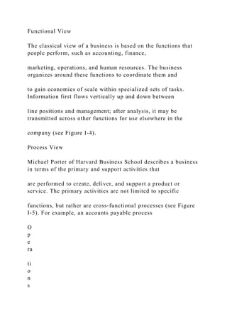 Functional View
The classical view of a business is based on the functions that
people perform, such as accounting, finance,
marketing, operations, and human resources. The business
organizes around these functions to coordinate them and
to gain economies of scale within specialized sets of tasks.
Information first flows vertically up and down between
line positions and management; after analysis, it may be
transmitted across other functions for use elsewhere in the
company (see Figure I-4).
Process View
Michael Porter of Harvard Business School describes a business
in terms of the primary and support activities that
are performed to create, deliver, and support a product or
service. The primary activities are not limited to specific
functions, but rather are cross‐functional processes (see Figure
I-5). For example, an accounts payable process
O
p
e
ra
ti
o
n
s
 