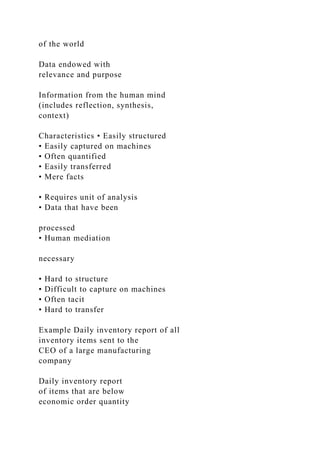 of the world
Data endowed with
relevance and purpose
Information from the human mind
(includes reflection, synthesis,
context)
Characteristics • Easily structured
• Easily captured on machines
• Often quantified
• Easily transferred
• Mere facts
• Requires unit of analysis
• Data that have been
processed
• Human mediation
necessary
• Hard to structure
• Difficult to capture on machines
• Often tacit
• Hard to transfer
Example Daily inventory report of all
inventory items sent to the
CEO of a large manufacturing
company
Daily inventory report
of items that are below
economic order quantity
 
