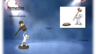 Remedies
• Administrative
• Civil
• Criminal
 