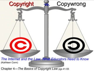 Copyright   vs.   Copywrong The Internet and the Law:  What Educators Need to Know   (Kathleen Conn) Chapter 4 —The Basics of Copyright Law  pgs 41-55 