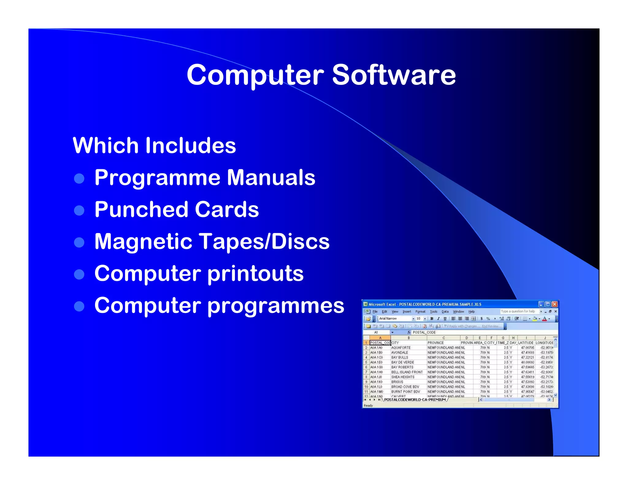 Computer Software

Which Includes
 Programme Manuals
 Punched Cards
 Magnetic Tapes/Discs
 Computer printouts
 Computer programmes
 