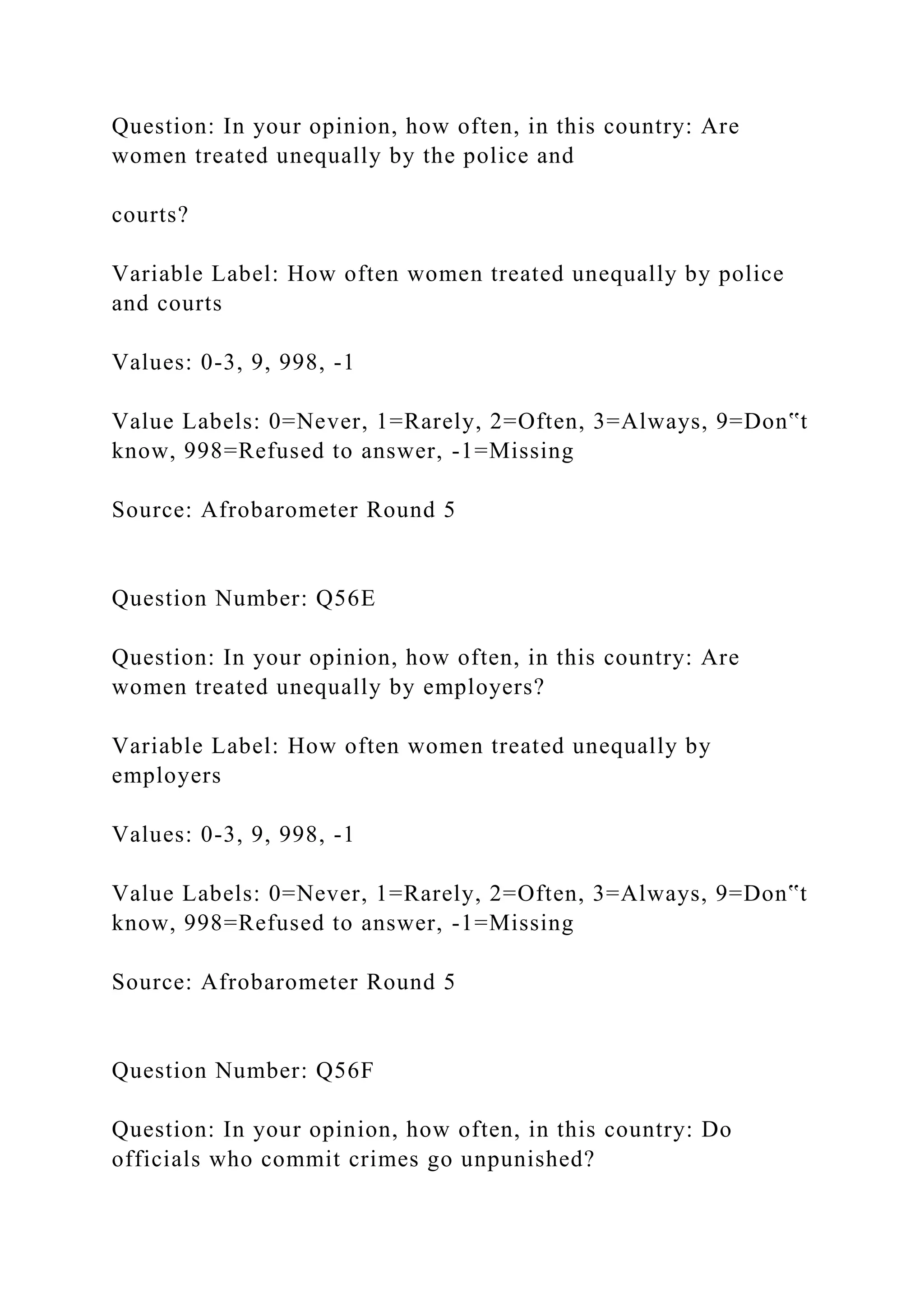 Question: In your opinion, how often, in this country: Are
women treated unequally by the police and
courts?
Variable Label: How often women treated unequally by police
and courts
Values: 0-3, 9, 998, -1
Value Labels: 0=Never, 1=Rarely, 2=Often, 3=Always, 9=Don‟t
know, 998=Refused to answer, -1=Missing
Source: Afrobarometer Round 5
Question Number: Q56E
Question: In your opinion, how often, in this country: Are
women treated unequally by employers?
Variable Label: How often women treated unequally by
employers
Values: 0-3, 9, 998, -1
Value Labels: 0=Never, 1=Rarely, 2=Often, 3=Always, 9=Don‟t
know, 998=Refused to answer, -1=Missing
Source: Afrobarometer Round 5
Question Number: Q56F
Question: In your opinion, how often, in this country: Do
officials who commit crimes go unpunished?
 