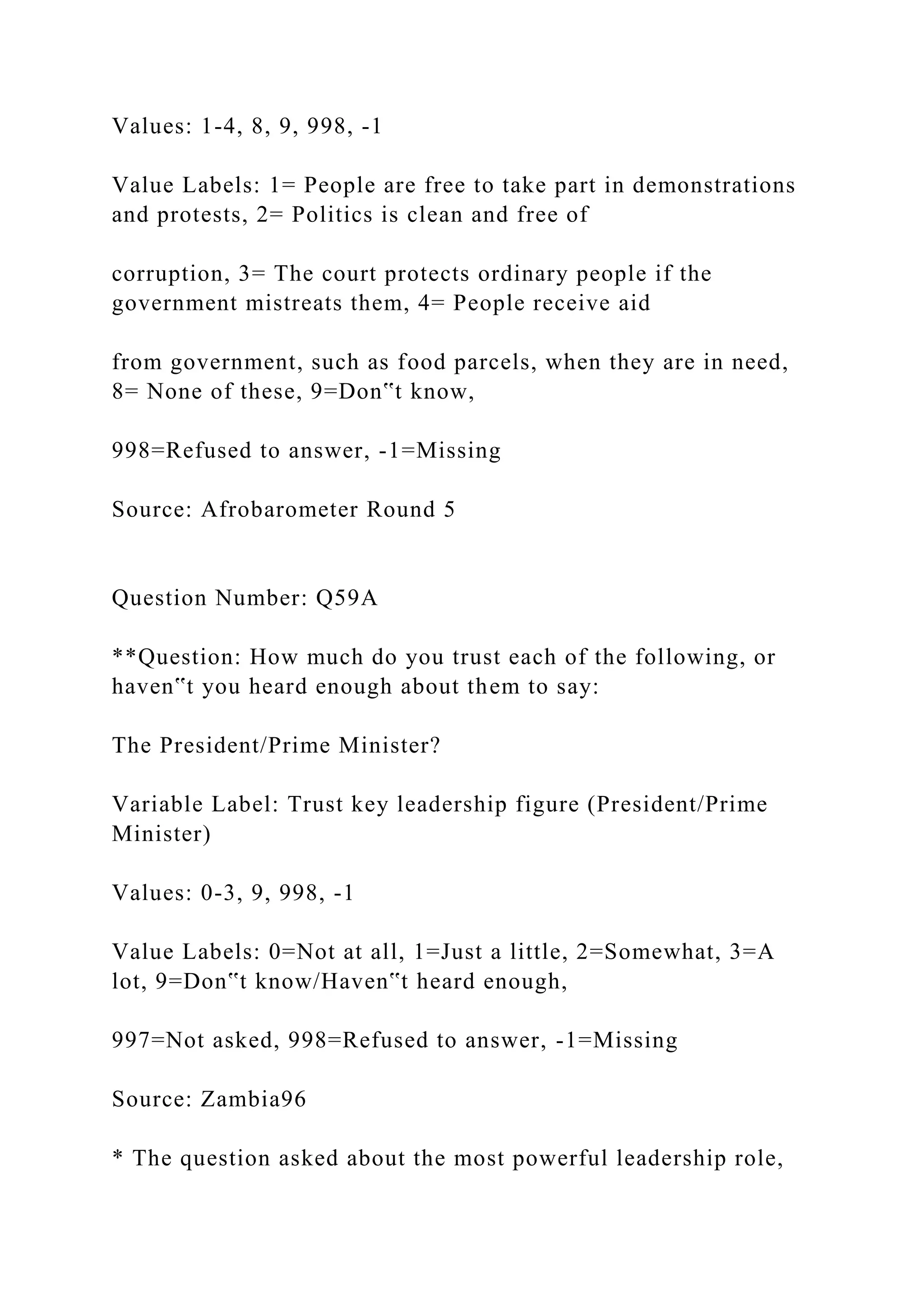 Values: 1-4, 8, 9, 998, -1
Value Labels: 1= People are free to take part in demonstrations
and protests, 2= Politics is clean and free of
corruption, 3= The court protects ordinary people if the
government mistreats them, 4= People receive aid
from government, such as food parcels, when they are in need,
8= None of these, 9=Don‟t know,
998=Refused to answer, -1=Missing
Source: Afrobarometer Round 5
Question Number: Q59A
**Question: How much do you trust each of the following, or
haven‟t you heard enough about them to say:
The President/Prime Minister?
Variable Label: Trust key leadership figure (President/Prime
Minister)
Values: 0-3, 9, 998, -1
Value Labels: 0=Not at all, 1=Just a little, 2=Somewhat, 3=A
lot, 9=Don‟t know/Haven‟t heard enough,
997=Not asked, 998=Refused to answer, -1=Missing
Source: Zambia96
* The question asked about the most powerful leadership role,
 