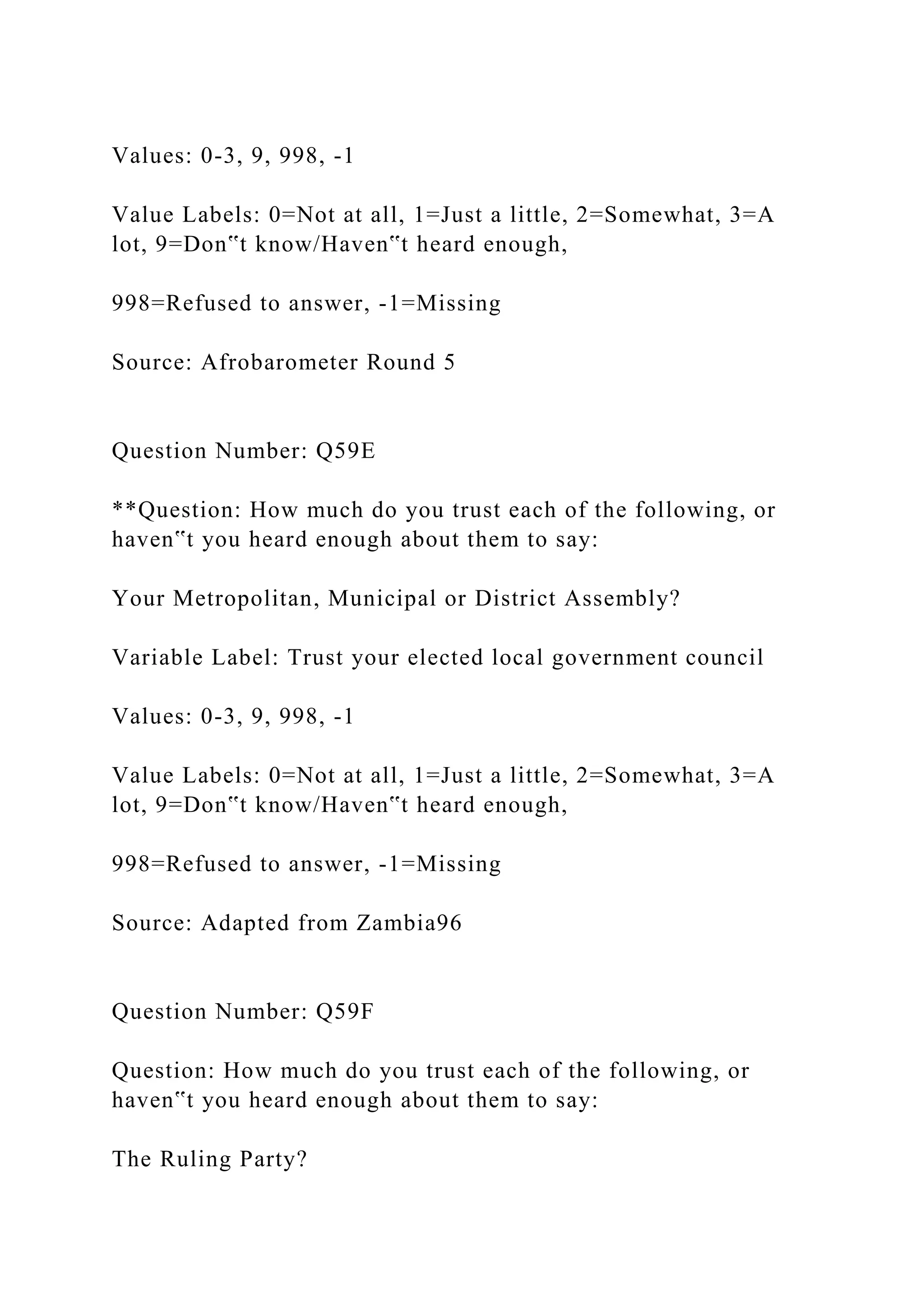 Values: 0-3, 9, 998, -1
Value Labels: 0=Not at all, 1=Just a little, 2=Somewhat, 3=A
lot, 9=Don‟t know/Haven‟t heard enough,
998=Refused to answer, -1=Missing
Source: Afrobarometer Round 5
Question Number: Q59E
**Question: How much do you trust each of the following, or
haven‟t you heard enough about them to say:
Your Metropolitan, Municipal or District Assembly?
Variable Label: Trust your elected local government council
Values: 0-3, 9, 998, -1
Value Labels: 0=Not at all, 1=Just a little, 2=Somewhat, 3=A
lot, 9=Don‟t know/Haven‟t heard enough,
998=Refused to answer, -1=Missing
Source: Adapted from Zambia96
Question Number: Q59F
Question: How much do you trust each of the following, or
haven‟t you heard enough about them to say:
The Ruling Party?
 