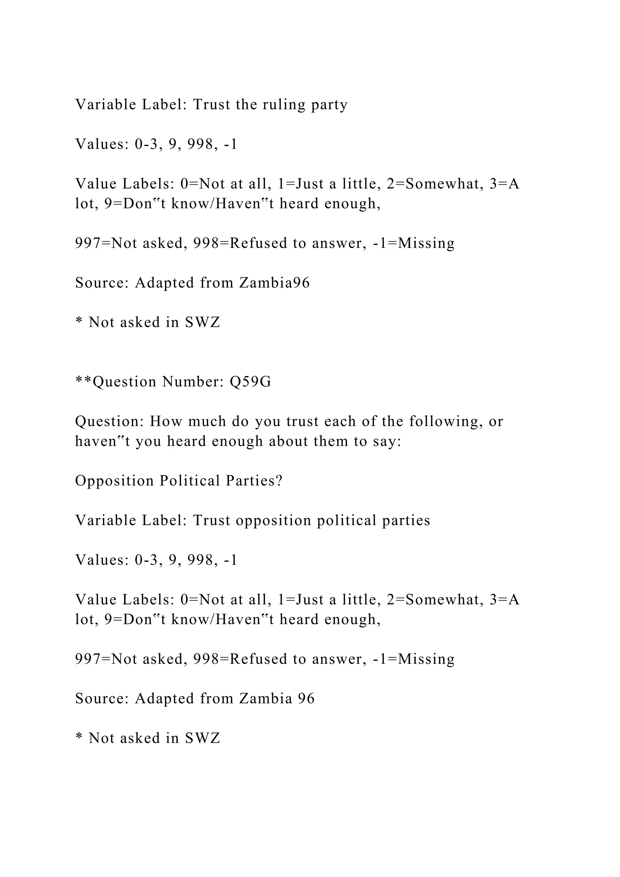 Variable Label: Trust the ruling party
Values: 0-3, 9, 998, -1
Value Labels: 0=Not at all, 1=Just a little, 2=Somewhat, 3=A
lot, 9=Don‟t know/Haven‟t heard enough,
997=Not asked, 998=Refused to answer, -1=Missing
Source: Adapted from Zambia96
* Not asked in SWZ
**Question Number: Q59G
Question: How much do you trust each of the following, or
haven‟t you heard enough about them to say:
Opposition Political Parties?
Variable Label: Trust opposition political parties
Values: 0-3, 9, 998, -1
Value Labels: 0=Not at all, 1=Just a little, 2=Somewhat, 3=A
lot, 9=Don‟t know/Haven‟t heard enough,
997=Not asked, 998=Refused to answer, -1=Missing
Source: Adapted from Zambia 96
* Not asked in SWZ
 