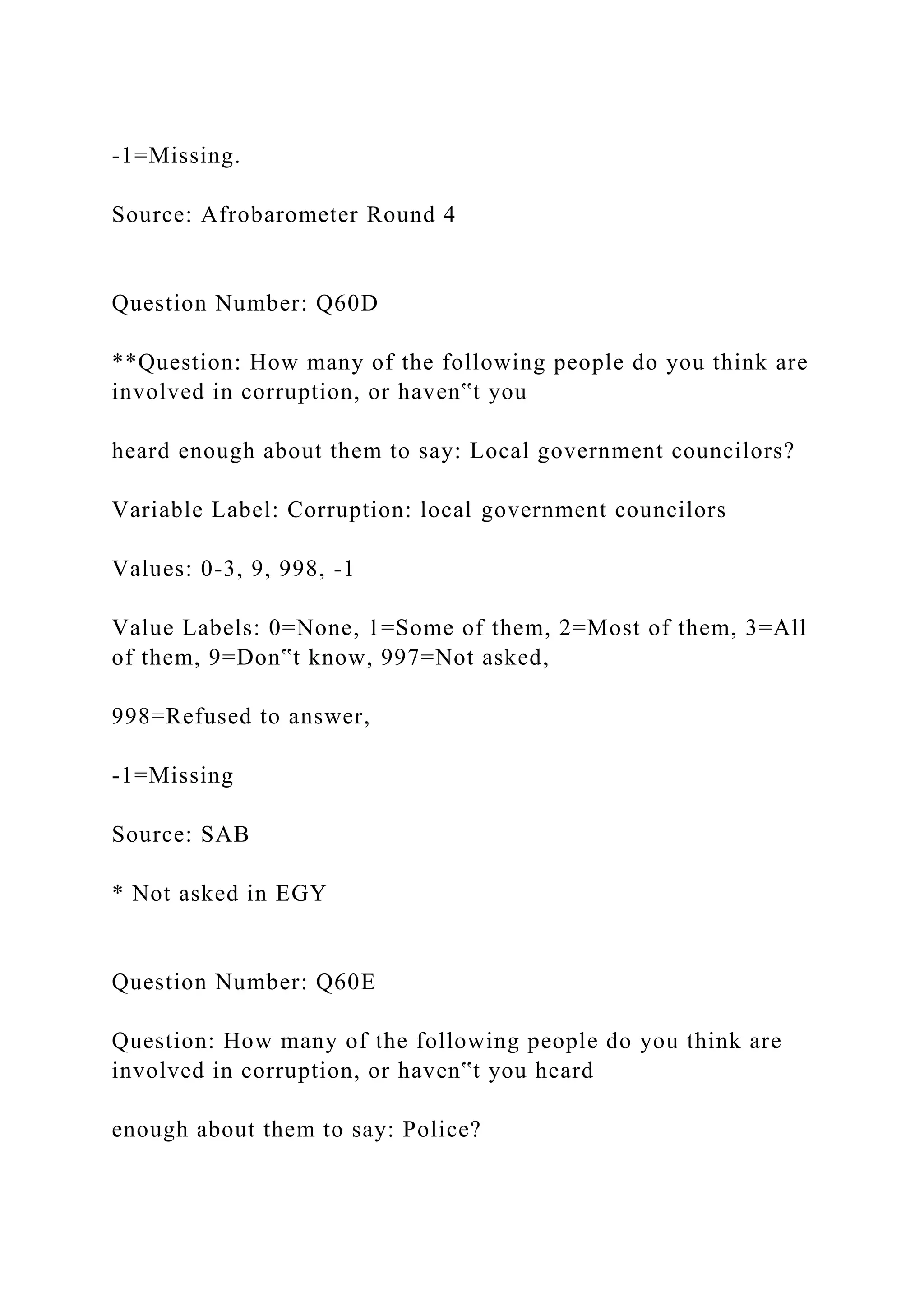 -1=Missing.
Source: Afrobarometer Round 4
Question Number: Q60D
**Question: How many of the following people do you think are
involved in corruption, or haven‟t you
heard enough about them to say: Local government councilors?
Variable Label: Corruption: local government councilors
Values: 0-3, 9, 998, -1
Value Labels: 0=None, 1=Some of them, 2=Most of them, 3=All
of them, 9=Don‟t know, 997=Not asked,
998=Refused to answer,
-1=Missing
Source: SAB
* Not asked in EGY
Question Number: Q60E
Question: How many of the following people do you think are
involved in corruption, or haven‟t you heard
enough about them to say: Police?
 