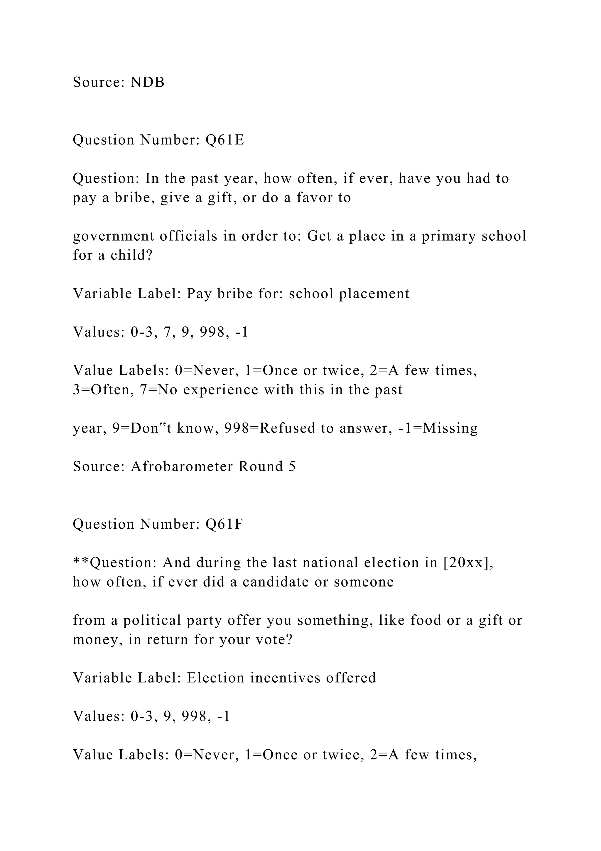 Source: NDB
Question Number: Q61E
Question: In the past year, how often, if ever, have you had to
pay a bribe, give a gift, or do a favor to
government officials in order to: Get a place in a primary school
for a child?
Variable Label: Pay bribe for: school placement
Values: 0-3, 7, 9, 998, -1
Value Labels: 0=Never, 1=Once or twice, 2=A few times,
3=Often, 7=No experience with this in the past
year, 9=Don‟t know, 998=Refused to answer, -1=Missing
Source: Afrobarometer Round 5
Question Number: Q61F
**Question: And during the last national election in [20xx],
how often, if ever did a candidate or someone
from a political party offer you something, like food or a gift or
money, in return for your vote?
Variable Label: Election incentives offered
Values: 0-3, 9, 998, -1
Value Labels: 0=Never, 1=Once or twice, 2=A few times,
 