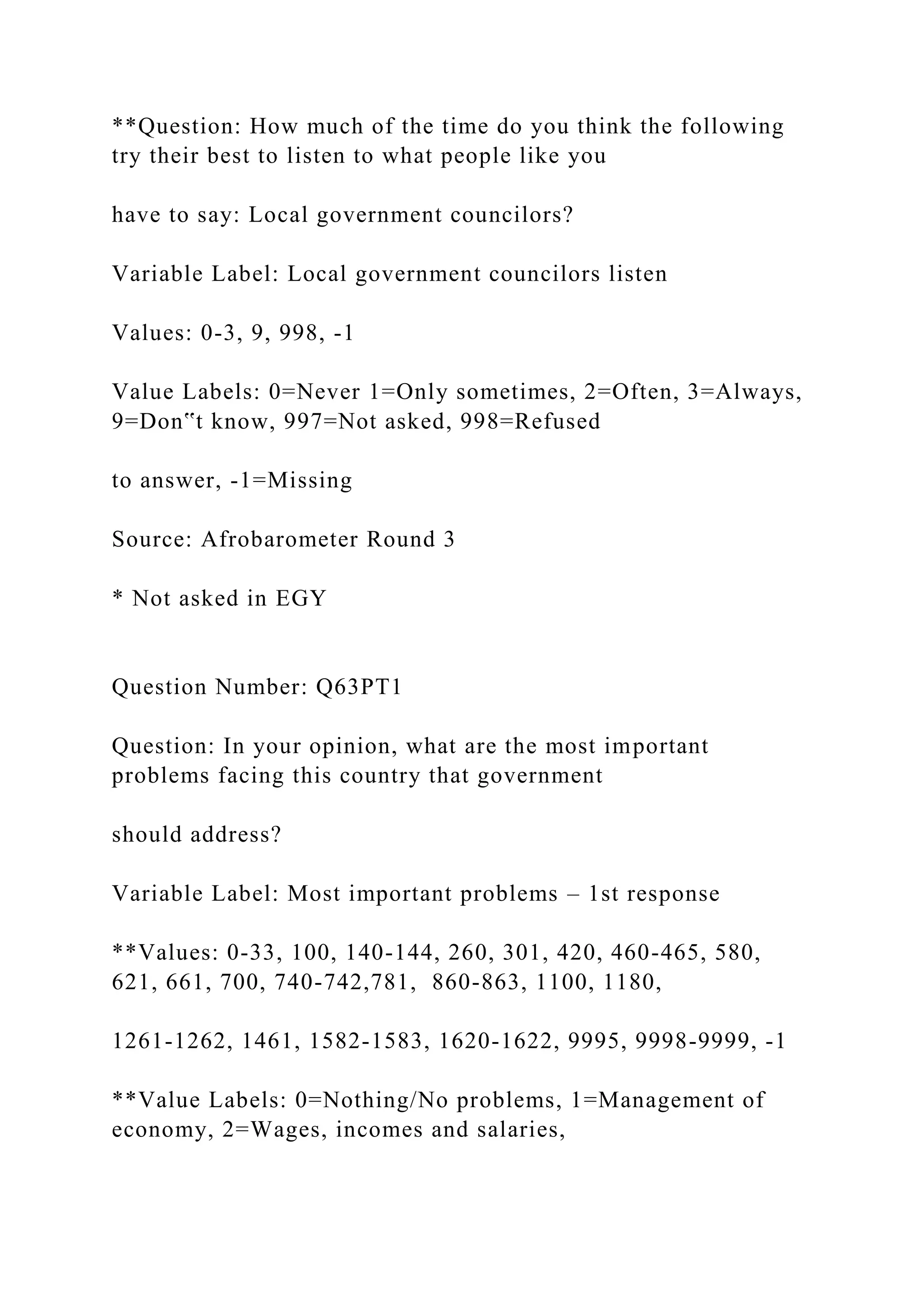 **Question: How much of the time do you think the following
try their best to listen to what people like you
have to say: Local government councilors?
Variable Label: Local government councilors listen
Values: 0-3, 9, 998, -1
Value Labels: 0=Never 1=Only sometimes, 2=Often, 3=Always,
9=Don‟t know, 997=Not asked, 998=Refused
to answer, -1=Missing
Source: Afrobarometer Round 3
* Not asked in EGY
Question Number: Q63PT1
Question: In your opinion, what are the most important
problems facing this country that government
should address?
Variable Label: Most important problems – 1st response
**Values: 0-33, 100, 140-144, 260, 301, 420, 460-465, 580,
621, 661, 700, 740-742,781, 860-863, 1100, 1180,
1261-1262, 1461, 1582-1583, 1620-1622, 9995, 9998-9999, -1
**Value Labels: 0=Nothing/No problems, 1=Management of
economy, 2=Wages, incomes and salaries,
 