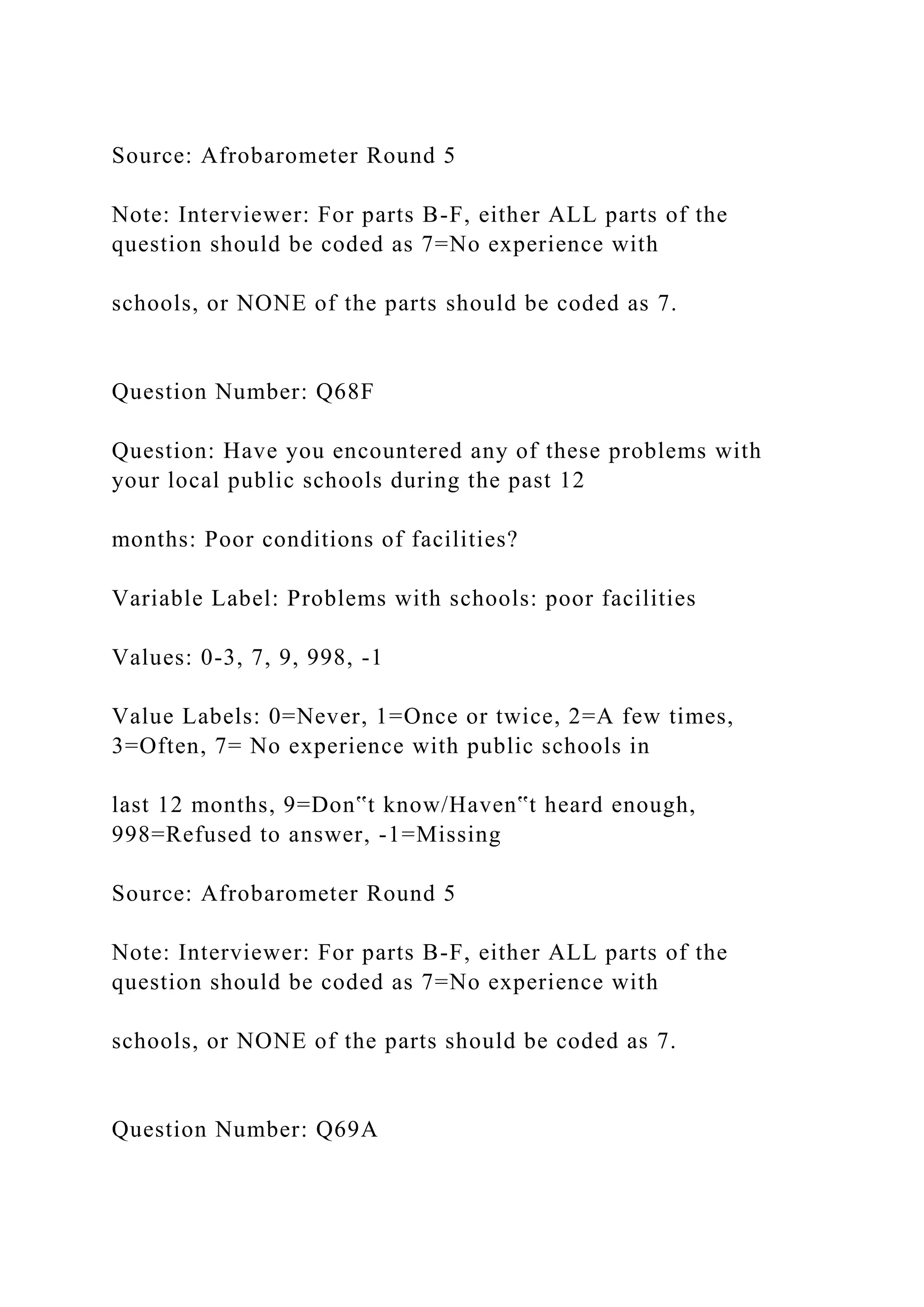 Source: Afrobarometer Round 5
Note: Interviewer: For parts B-F, either ALL parts of the
question should be coded as 7=No experience with
schools, or NONE of the parts should be coded as 7.
Question Number: Q68F
Question: Have you encountered any of these problems with
your local public schools during the past 12
months: Poor conditions of facilities?
Variable Label: Problems with schools: poor facilities
Values: 0-3, 7, 9, 998, -1
Value Labels: 0=Never, 1=Once or twice, 2=A few times,
3=Often, 7= No experience with public schools in
last 12 months, 9=Don‟t know/Haven‟t heard enough,
998=Refused to answer, -1=Missing
Source: Afrobarometer Round 5
Note: Interviewer: For parts B-F, either ALL parts of the
question should be coded as 7=No experience with
schools, or NONE of the parts should be coded as 7.
Question Number: Q69A
 
