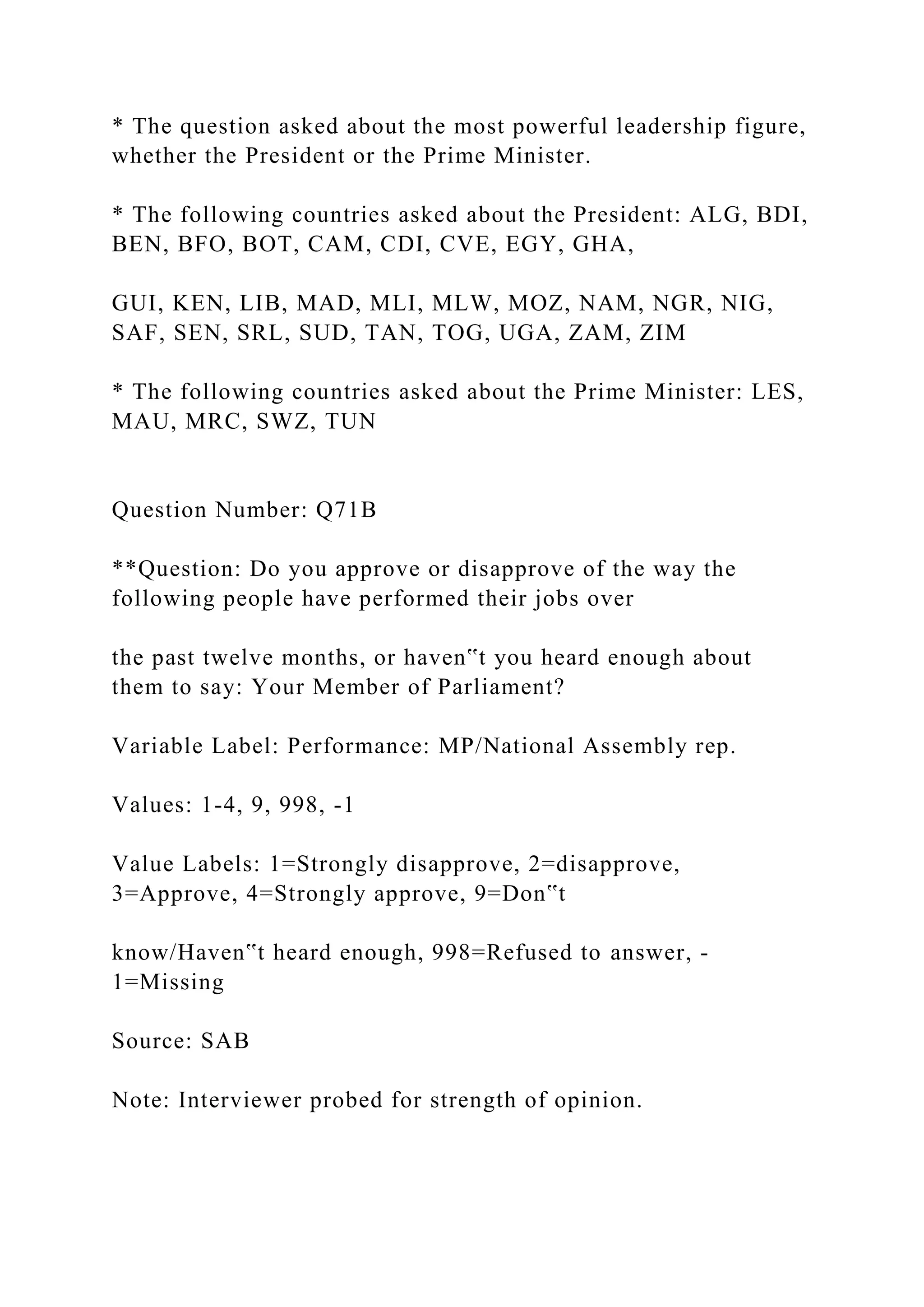 * The question asked about the most powerful leadership figure,
whether the President or the Prime Minister.
* The following countries asked about the President: ALG, BDI,
BEN, BFO, BOT, CAM, CDI, CVE, EGY, GHA,
GUI, KEN, LIB, MAD, MLI, MLW, MOZ, NAM, NGR, NIG,
SAF, SEN, SRL, SUD, TAN, TOG, UGA, ZAM, ZIM
* The following countries asked about the Prime Minister: LES,
MAU, MRC, SWZ, TUN
Question Number: Q71B
**Question: Do you approve or disapprove of the way the
following people have performed their jobs over
the past twelve months, or haven‟t you heard enough about
them to say: Your Member of Parliament?
Variable Label: Performance: MP/National Assembly rep.
Values: 1-4, 9, 998, -1
Value Labels: 1=Strongly disapprove, 2=disapprove,
3=Approve, 4=Strongly approve, 9=Don‟t
know/Haven‟t heard enough, 998=Refused to answer, -
1=Missing
Source: SAB
Note: Interviewer probed for strength of opinion.
 