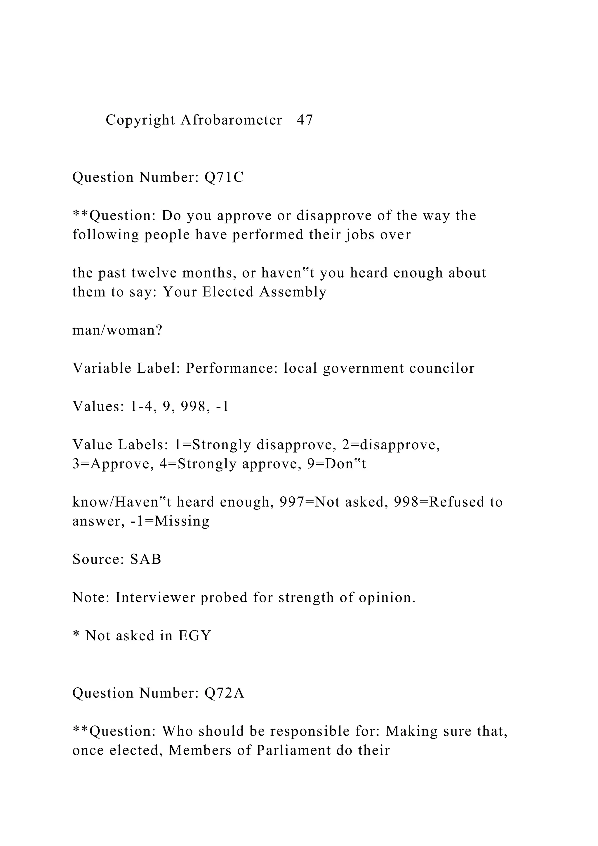 Copyright Afrobarometer 47
Question Number: Q71C
**Question: Do you approve or disapprove of the way the
following people have performed their jobs over
the past twelve months, or haven‟t you heard enough about
them to say: Your Elected Assembly
man/woman?
Variable Label: Performance: local government councilor
Values: 1-4, 9, 998, -1
Value Labels: 1=Strongly disapprove, 2=disapprove,
3=Approve, 4=Strongly approve, 9=Don‟t
know/Haven‟t heard enough, 997=Not asked, 998=Refused to
answer, -1=Missing
Source: SAB
Note: Interviewer probed for strength of opinion.
* Not asked in EGY
Question Number: Q72A
**Question: Who should be responsible for: Making sure that,
once elected, Members of Parliament do their
 