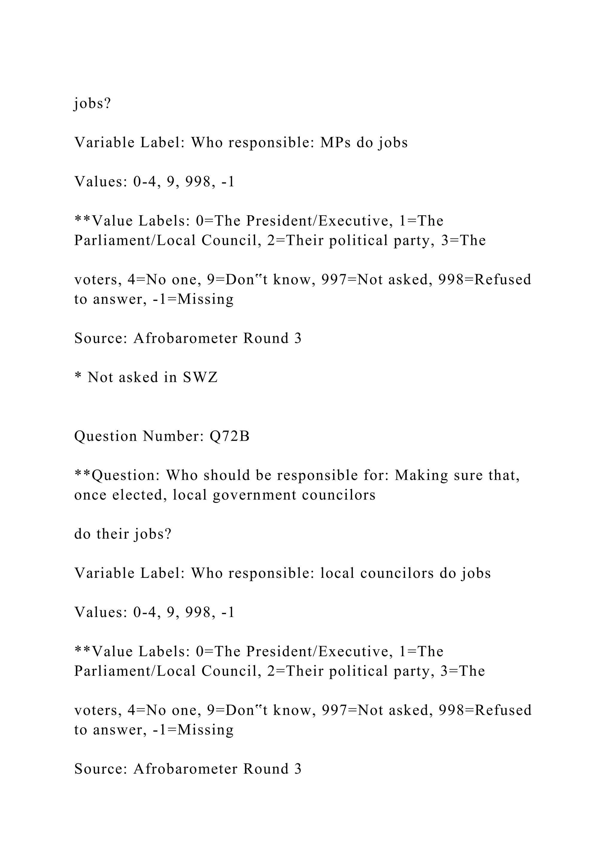 jobs?
Variable Label: Who responsible: MPs do jobs
Values: 0-4, 9, 998, -1
**Value Labels: 0=The President/Executive, 1=The
Parliament/Local Council, 2=Their political party, 3=The
voters, 4=No one, 9=Don‟t know, 997=Not asked, 998=Refused
to answer, -1=Missing
Source: Afrobarometer Round 3
* Not asked in SWZ
Question Number: Q72B
**Question: Who should be responsible for: Making sure that,
once elected, local government councilors
do their jobs?
Variable Label: Who responsible: local councilors do jobs
Values: 0-4, 9, 998, -1
**Value Labels: 0=The President/Executive, 1=The
Parliament/Local Council, 2=Their political party, 3=The
voters, 4=No one, 9=Don‟t know, 997=Not asked, 998=Refused
to answer, -1=Missing
Source: Afrobarometer Round 3
 