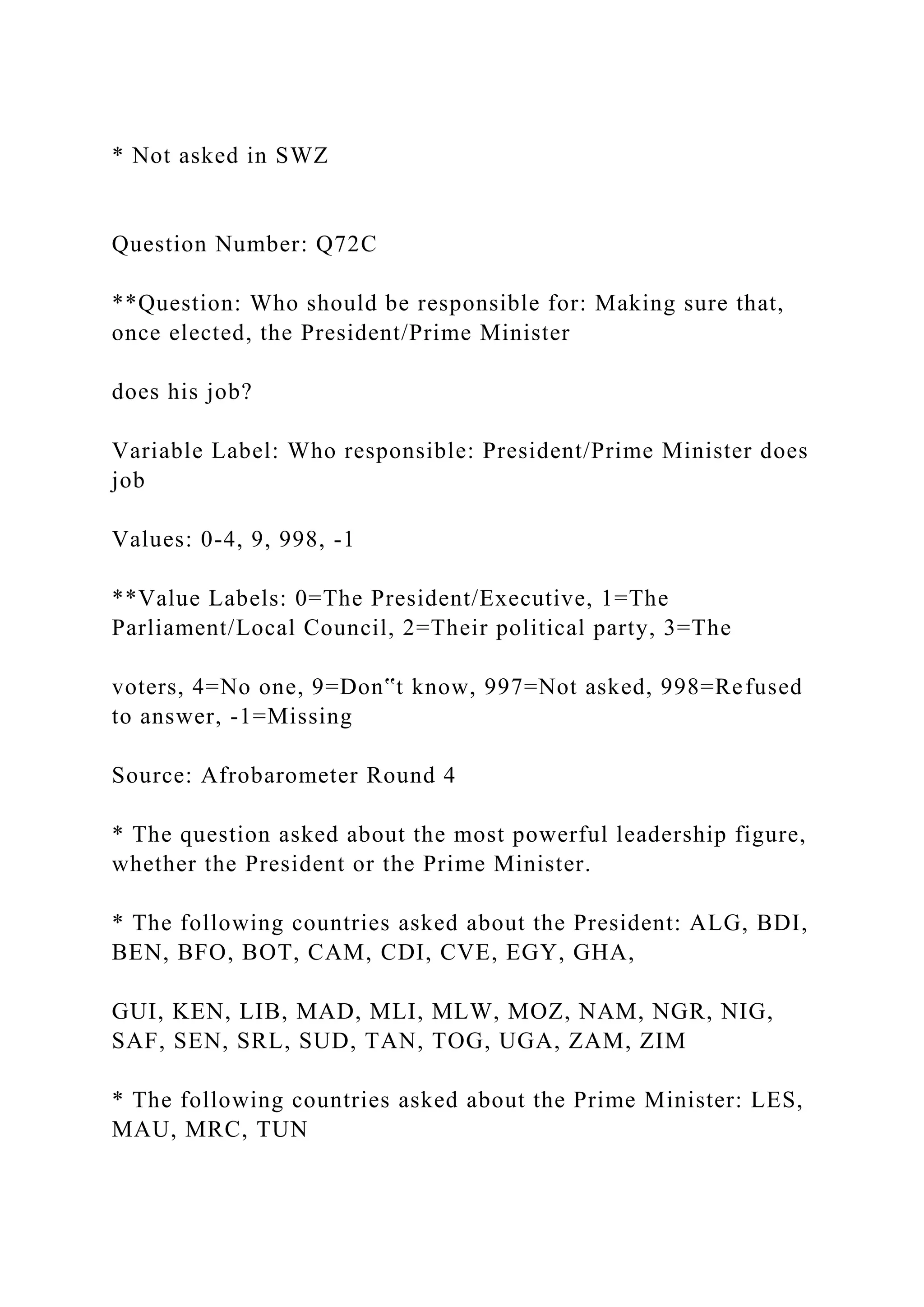 * Not asked in SWZ
Question Number: Q72C
**Question: Who should be responsible for: Making sure that,
once elected, the President/Prime Minister
does his job?
Variable Label: Who responsible: President/Prime Minister does
job
Values: 0-4, 9, 998, -1
**Value Labels: 0=The President/Executive, 1=The
Parliament/Local Council, 2=Their political party, 3=The
voters, 4=No one, 9=Don‟t know, 997=Not asked, 998=Refused
to answer, -1=Missing
Source: Afrobarometer Round 4
* The question asked about the most powerful leadership figure,
whether the President or the Prime Minister.
* The following countries asked about the President: ALG, BDI,
BEN, BFO, BOT, CAM, CDI, CVE, EGY, GHA,
GUI, KEN, LIB, MAD, MLI, MLW, MOZ, NAM, NGR, NIG,
SAF, SEN, SRL, SUD, TAN, TOG, UGA, ZAM, ZIM
* The following countries asked about the Prime Minister: LES,
MAU, MRC, TUN
 