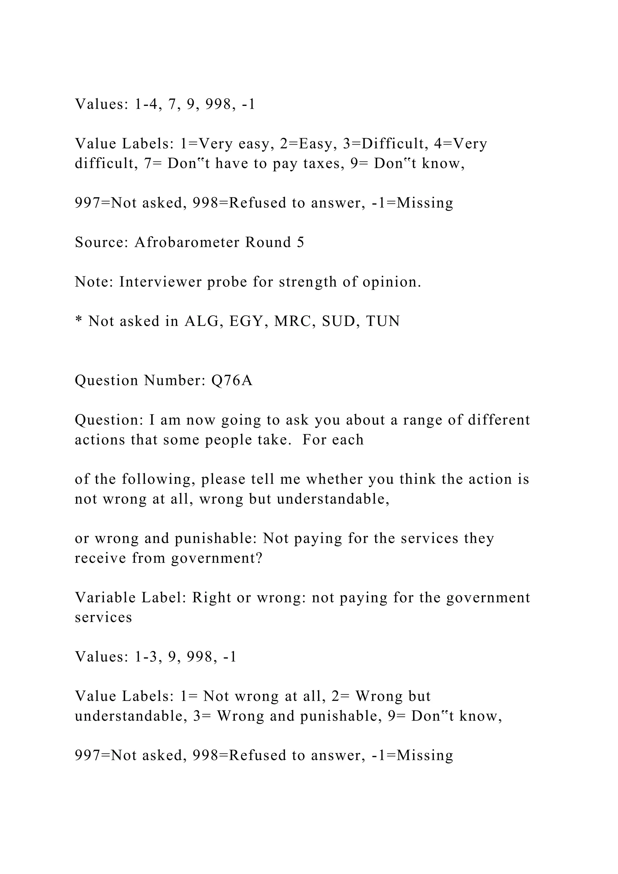 Values: 1-4, 7, 9, 998, -1
Value Labels: 1=Very easy, 2=Easy, 3=Difficult, 4=Very
difficult, 7= Don‟t have to pay taxes, 9= Don‟t know,
997=Not asked, 998=Refused to answer, -1=Missing
Source: Afrobarometer Round 5
Note: Interviewer probe for strength of opinion.
* Not asked in ALG, EGY, MRC, SUD, TUN
Question Number: Q76A
Question: I am now going to ask you about a range of different
actions that some people take. For each
of the following, please tell me whether you think the action is
not wrong at all, wrong but understandable,
or wrong and punishable: Not paying for the services they
receive from government?
Variable Label: Right or wrong: not paying for the government
services
Values: 1-3, 9, 998, -1
Value Labels: 1= Not wrong at all, 2= Wrong but
understandable, 3= Wrong and punishable, 9= Don‟t know,
997=Not asked, 998=Refused to answer, -1=Missing
 