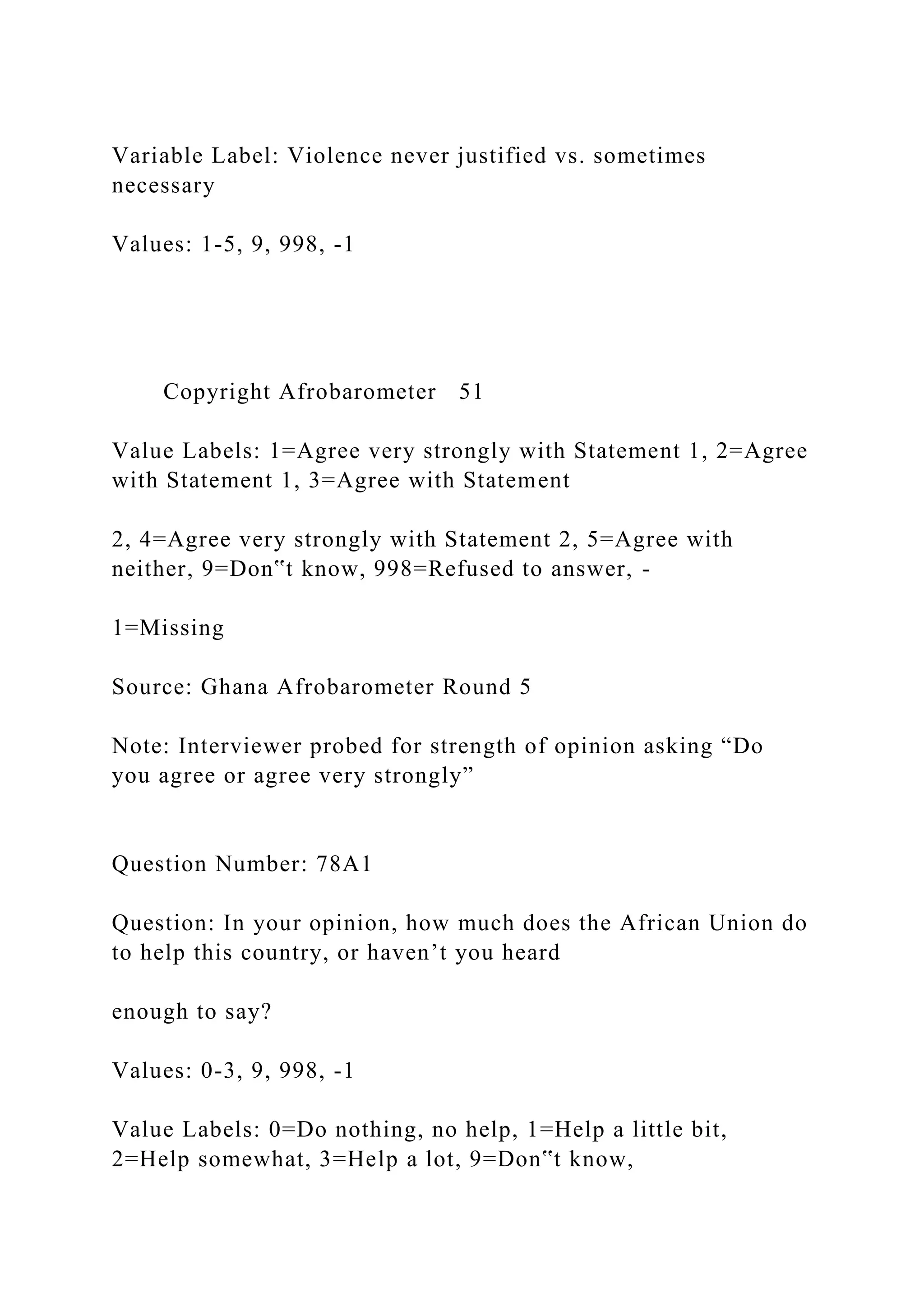Variable Label: Violence never justified vs. sometimes
necessary
Values: 1-5, 9, 998, -1
Copyright Afrobarometer 51
Value Labels: 1=Agree very strongly with Statement 1, 2=Agree
with Statement 1, 3=Agree with Statement
2, 4=Agree very strongly with Statement 2, 5=Agree with
neither, 9=Don‟t know, 998=Refused to answer, -
1=Missing
Source: Ghana Afrobarometer Round 5
Note: Interviewer probed for strength of opinion asking “Do
you agree or agree very strongly”
Question Number: 78A1
Question: In your opinion, how much does the African Union do
to help this country, or haven’t you heard
enough to say?
Values: 0-3, 9, 998, -1
Value Labels: 0=Do nothing, no help, 1=Help a little bit,
2=Help somewhat, 3=Help a lot, 9=Don‟t know,
 