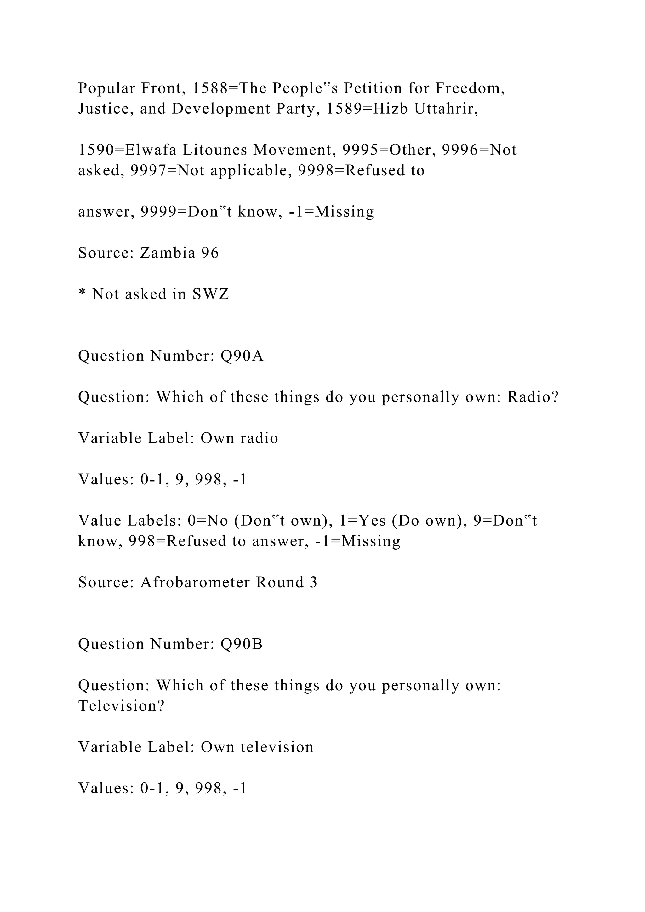 Popular Front, 1588=The People‟s Petition for Freedom,
Justice, and Development Party, 1589=Hizb Uttahrir,
1590=Elwafa Litounes Movement, 9995=Other, 9996=Not
asked, 9997=Not applicable, 9998=Refused to
answer, 9999=Don‟t know, -1=Missing
Source: Zambia 96
* Not asked in SWZ
Question Number: Q90A
Question: Which of these things do you personally own: Radio?
Variable Label: Own radio
Values: 0-1, 9, 998, -1
Value Labels: 0=No (Don‟t own), 1=Yes (Do own), 9=Don‟t
know, 998=Refused to answer, -1=Missing
Source: Afrobarometer Round 3
Question Number: Q90B
Question: Which of these things do you personally own:
Television?
Variable Label: Own television
Values: 0-1, 9, 998, -1
 