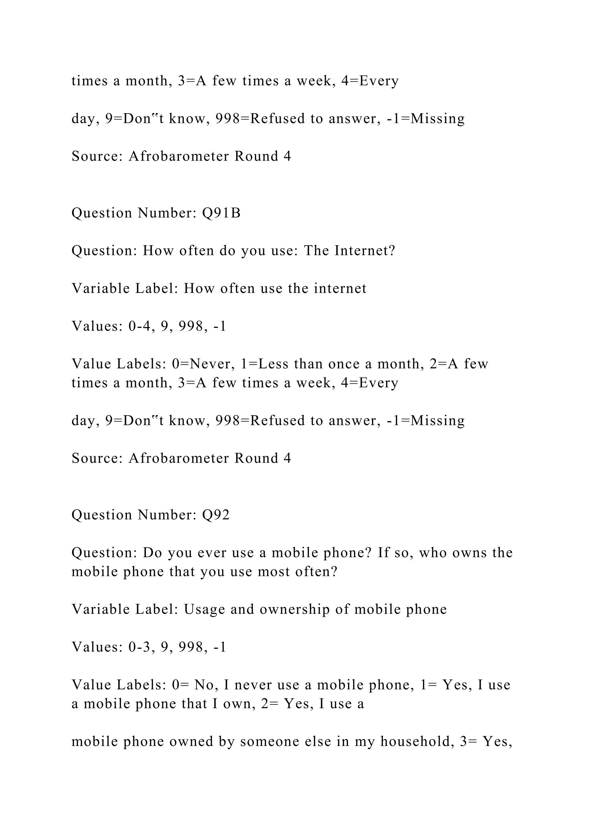 times a month, 3=A few times a week, 4=Every
day, 9=Don‟t know, 998=Refused to answer, -1=Missing
Source: Afrobarometer Round 4
Question Number: Q91B
Question: How often do you use: The Internet?
Variable Label: How often use the internet
Values: 0-4, 9, 998, -1
Value Labels: 0=Never, 1=Less than once a month, 2=A few
times a month, 3=A few times a week, 4=Every
day, 9=Don‟t know, 998=Refused to answer, -1=Missing
Source: Afrobarometer Round 4
Question Number: Q92
Question: Do you ever use a mobile phone? If so, who owns the
mobile phone that you use most often?
Variable Label: Usage and ownership of mobile phone
Values: 0-3, 9, 998, -1
Value Labels: 0= No, I never use a mobile phone, 1= Yes, I use
a mobile phone that I own, 2= Yes, I use a
mobile phone owned by someone else in my household, 3= Yes,
 