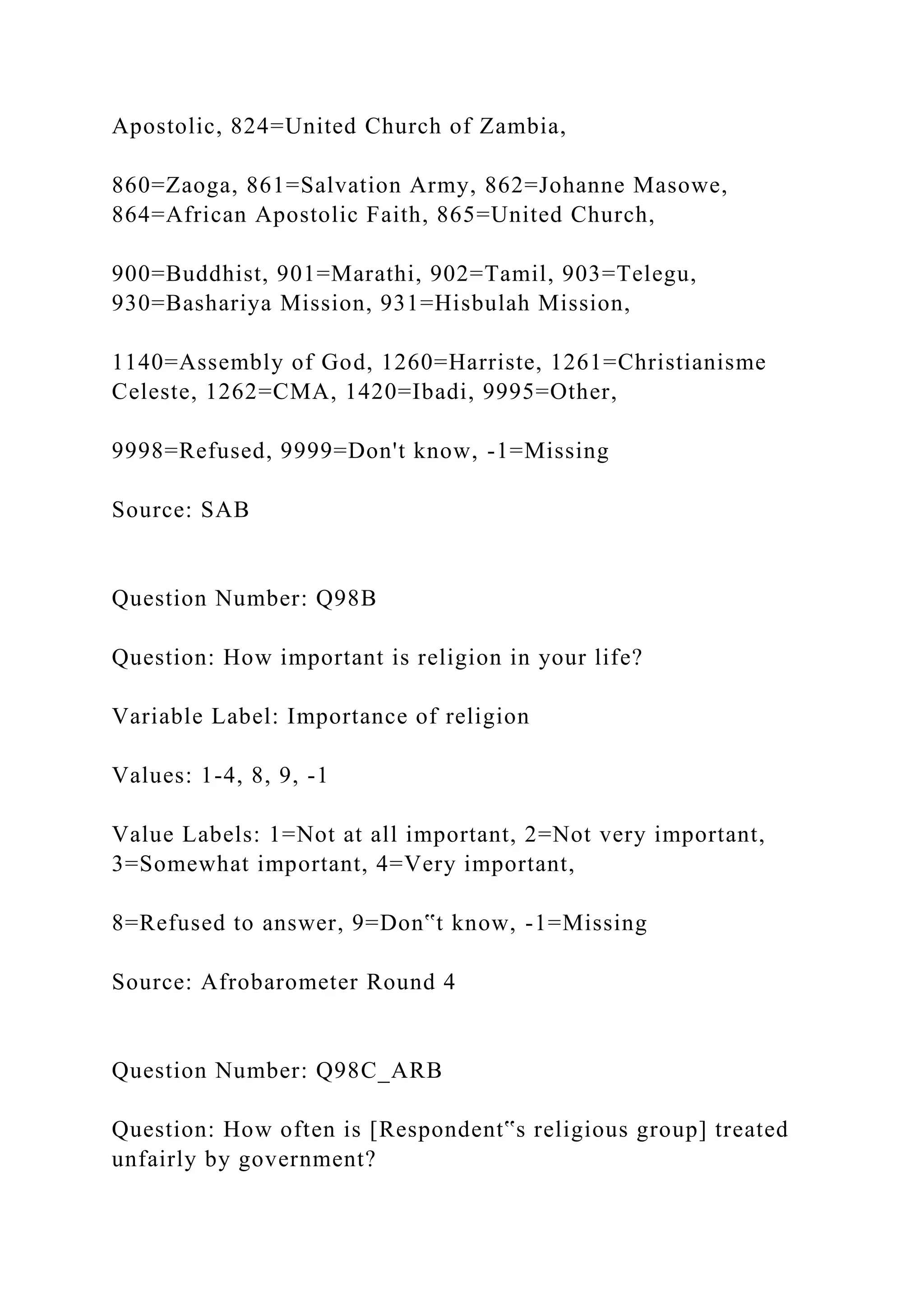 Apostolic, 824=United Church of Zambia,
860=Zaoga, 861=Salvation Army, 862=Johanne Masowe,
864=African Apostolic Faith, 865=United Church,
900=Buddhist, 901=Marathi, 902=Tamil, 903=Telegu,
930=Bashariya Mission, 931=Hisbulah Mission,
1140=Assembly of God, 1260=Harriste, 1261=Christianisme
Celeste, 1262=CMA, 1420=Ibadi, 9995=Other,
9998=Refused, 9999=Don't know, -1=Missing
Source: SAB
Question Number: Q98B
Question: How important is religion in your life?
Variable Label: Importance of religion
Values: 1-4, 8, 9, -1
Value Labels: 1=Not at all important, 2=Not very important,
3=Somewhat important, 4=Very important,
8=Refused to answer, 9=Don‟t know, -1=Missing
Source: Afrobarometer Round 4
Question Number: Q98C_ARB
Question: How often is [Respondent‟s religious group] treated
unfairly by government?
 