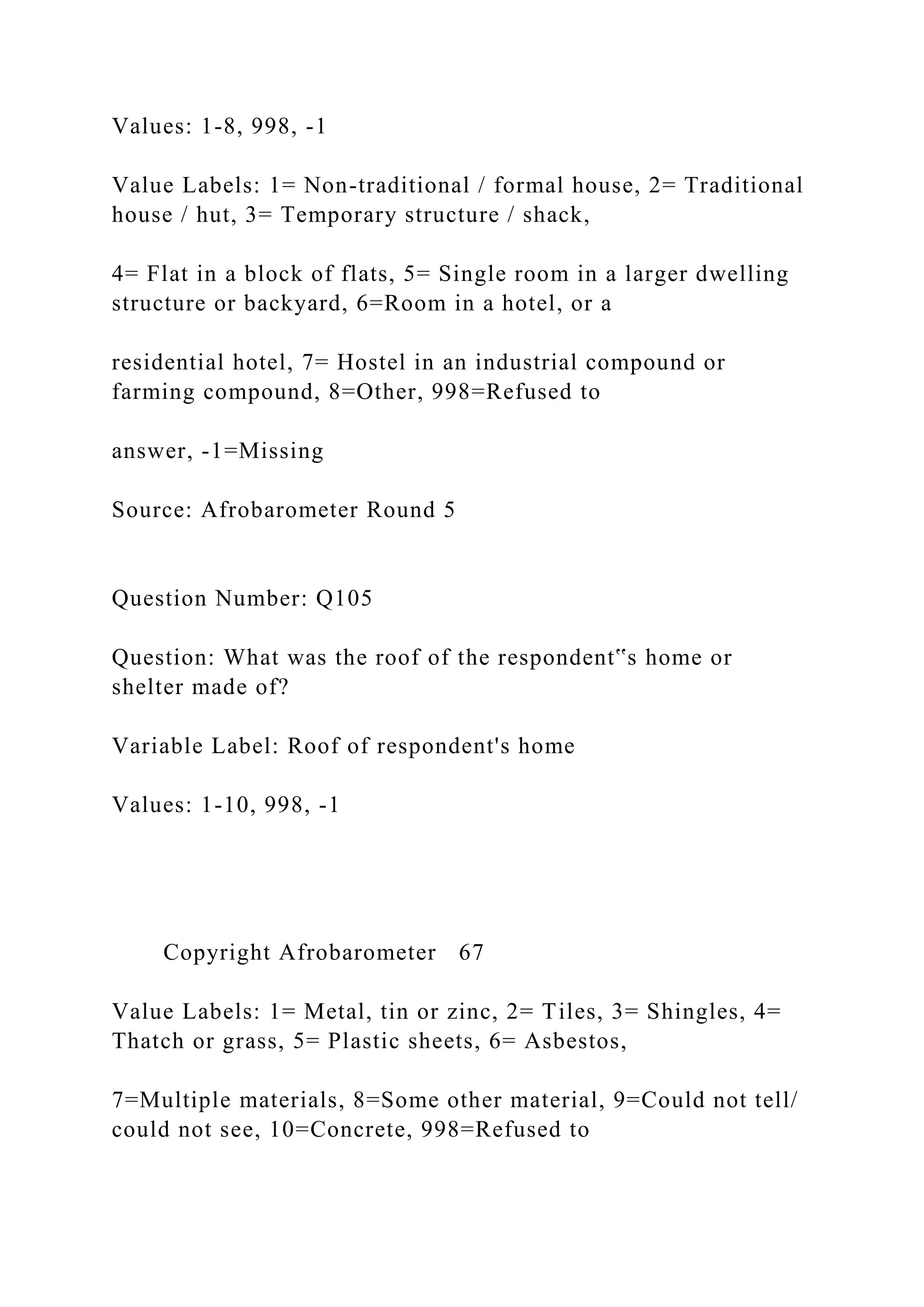 Values: 1-8, 998, -1
Value Labels: 1= Non-traditional / formal house, 2= Traditional
house / hut, 3= Temporary structure / shack,
4= Flat in a block of flats, 5= Single room in a larger dwelling
structure or backyard, 6=Room in a hotel, or a
residential hotel, 7= Hostel in an industrial compound or
farming compound, 8=Other, 998=Refused to
answer, -1=Missing
Source: Afrobarometer Round 5
Question Number: Q105
Question: What was the roof of the respondent‟s home or
shelter made of?
Variable Label: Roof of respondent's home
Values: 1-10, 998, -1
Copyright Afrobarometer 67
Value Labels: 1= Metal, tin or zinc, 2= Tiles, 3= Shingles, 4=
Thatch or grass, 5= Plastic sheets, 6= Asbestos,
7=Multiple materials, 8=Some other material, 9=Could not tell/
could not see, 10=Concrete, 998=Refused to
 