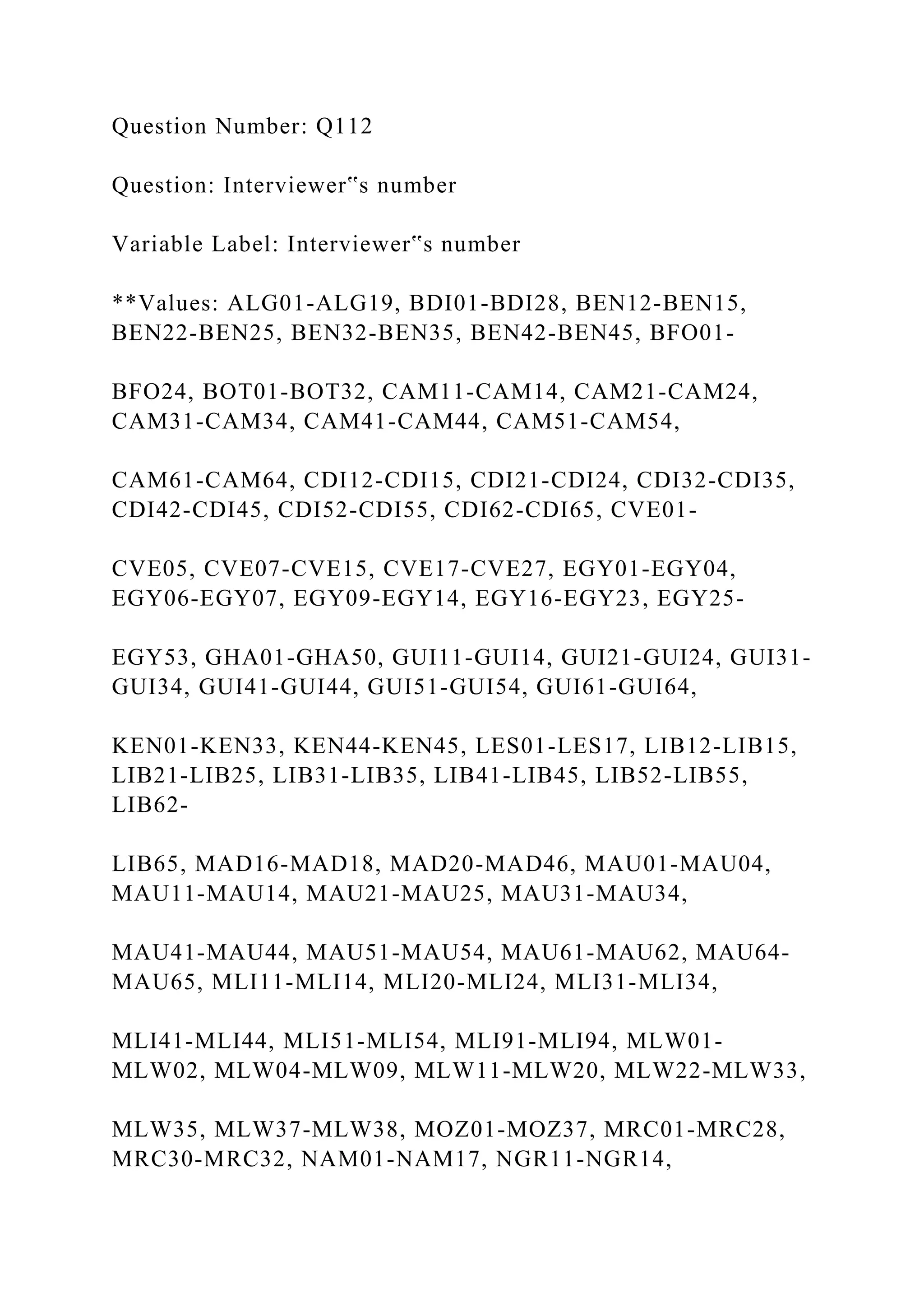 Question Number: Q112
Question: Interviewer‟s number
Variable Label: Interviewer‟s number
**Values: ALG01-ALG19, BDI01-BDI28, BEN12-BEN15,
BEN22-BEN25, BEN32-BEN35, BEN42-BEN45, BFO01-
BFO24, BOT01-BOT32, CAM11-CAM14, CAM21-CAM24,
CAM31-CAM34, CAM41-CAM44, CAM51-CAM54,
CAM61-CAM64, CDI12-CDI15, CDI21-CDI24, CDI32-CDI35,
CDI42-CDI45, CDI52-CDI55, CDI62-CDI65, CVE01-
CVE05, CVE07-CVE15, CVE17-CVE27, EGY01-EGY04,
EGY06-EGY07, EGY09-EGY14, EGY16-EGY23, EGY25-
EGY53, GHA01-GHA50, GUI11-GUI14, GUI21-GUI24, GUI31-
GUI34, GUI41-GUI44, GUI51-GUI54, GUI61-GUI64,
KEN01-KEN33, KEN44-KEN45, LES01-LES17, LIB12-LIB15,
LIB21-LIB25, LIB31-LIB35, LIB41-LIB45, LIB52-LIB55,
LIB62-
LIB65, MAD16-MAD18, MAD20-MAD46, MAU01-MAU04,
MAU11-MAU14, MAU21-MAU25, MAU31-MAU34,
MAU41-MAU44, MAU51-MAU54, MAU61-MAU62, MAU64-
MAU65, MLI11-MLI14, MLI20-MLI24, MLI31-MLI34,
MLI41-MLI44, MLI51-MLI54, MLI91-MLI94, MLW01-
MLW02, MLW04-MLW09, MLW11-MLW20, MLW22-MLW33,
MLW35, MLW37-MLW38, MOZ01-MOZ37, MRC01-MRC28,
MRC30-MRC32, NAM01-NAM17, NGR11-NGR14,
 