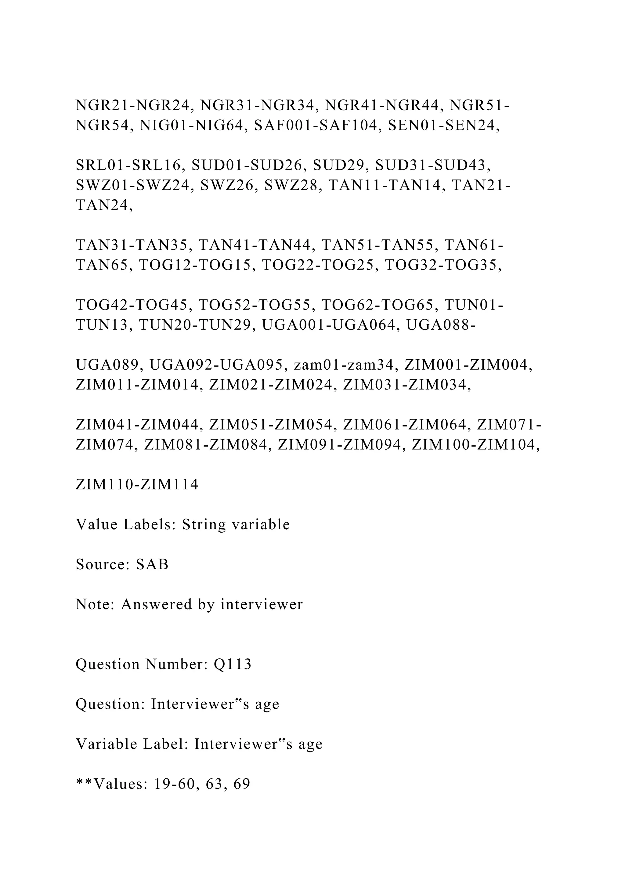 NGR21-NGR24, NGR31-NGR34, NGR41-NGR44, NGR51-
NGR54, NIG01-NIG64, SAF001-SAF104, SEN01-SEN24,
SRL01-SRL16, SUD01-SUD26, SUD29, SUD31-SUD43,
SWZ01-SWZ24, SWZ26, SWZ28, TAN11-TAN14, TAN21-
TAN24,
TAN31-TAN35, TAN41-TAN44, TAN51-TAN55, TAN61-
TAN65, TOG12-TOG15, TOG22-TOG25, TOG32-TOG35,
TOG42-TOG45, TOG52-TOG55, TOG62-TOG65, TUN01-
TUN13, TUN20-TUN29, UGA001-UGA064, UGA088-
UGA089, UGA092-UGA095, zam01-zam34, ZIM001-ZIM004,
ZIM011-ZIM014, ZIM021-ZIM024, ZIM031-ZIM034,
ZIM041-ZIM044, ZIM051-ZIM054, ZIM061-ZIM064, ZIM071-
ZIM074, ZIM081-ZIM084, ZIM091-ZIM094, ZIM100-ZIM104,
ZIM110-ZIM114
Value Labels: String variable
Source: SAB
Note: Answered by interviewer
Question Number: Q113
Question: Interviewer‟s age
Variable Label: Interviewer‟s age
**Values: 19-60, 63, 69
 