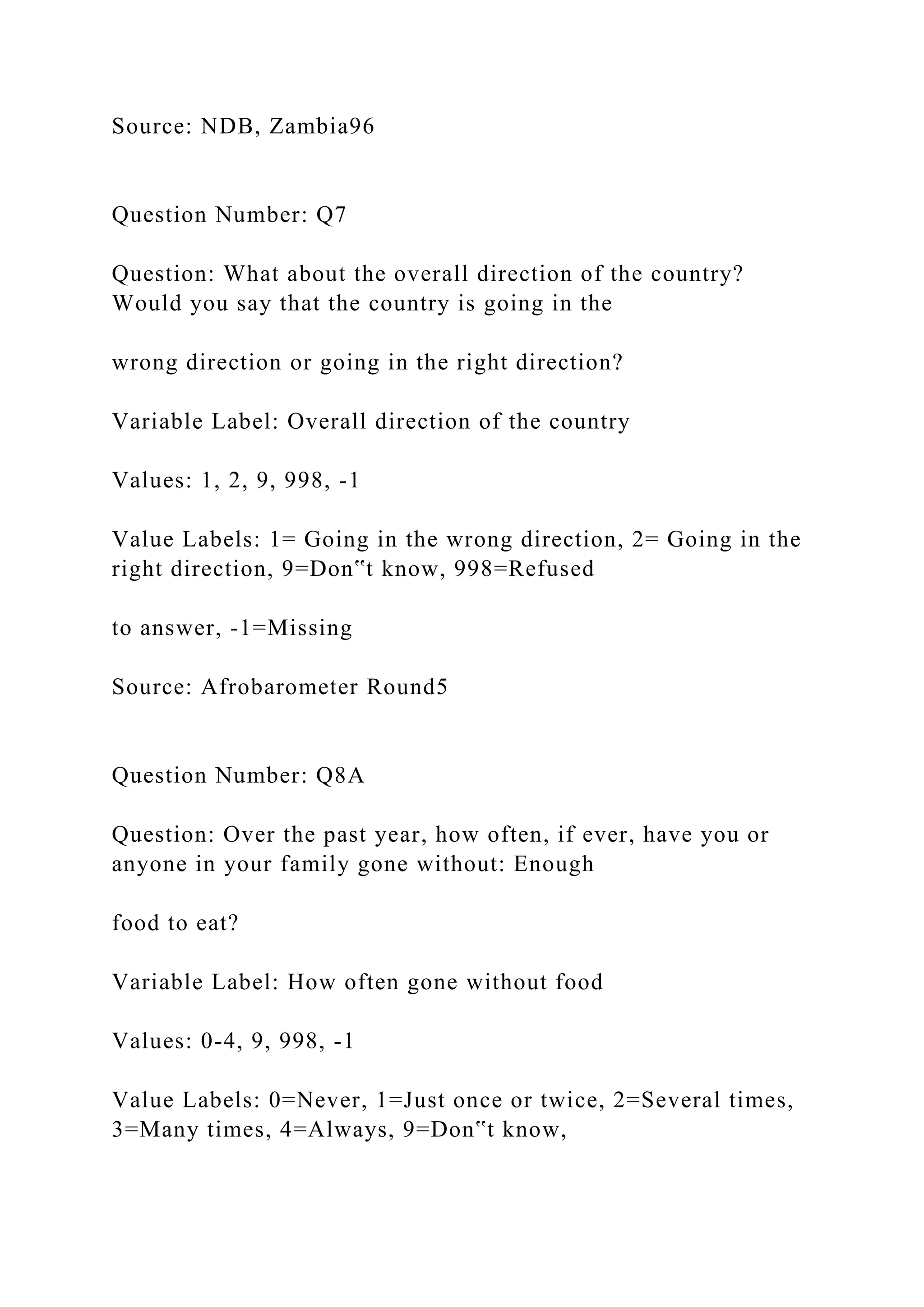 Source: NDB, Zambia96
Question Number: Q7
Question: What about the overall direction of the country?
Would you say that the country is going in the
wrong direction or going in the right direction?
Variable Label: Overall direction of the country
Values: 1, 2, 9, 998, -1
Value Labels: 1= Going in the wrong direction, 2= Going in the
right direction, 9=Don‟t know, 998=Refused
to answer, -1=Missing
Source: Afrobarometer Round5
Question Number: Q8A
Question: Over the past year, how often, if ever, have you or
anyone in your family gone without: Enough
food to eat?
Variable Label: How often gone without food
Values: 0-4, 9, 998, -1
Value Labels: 0=Never, 1=Just once or twice, 2=Several times,
3=Many times, 4=Always, 9=Don‟t know,
 