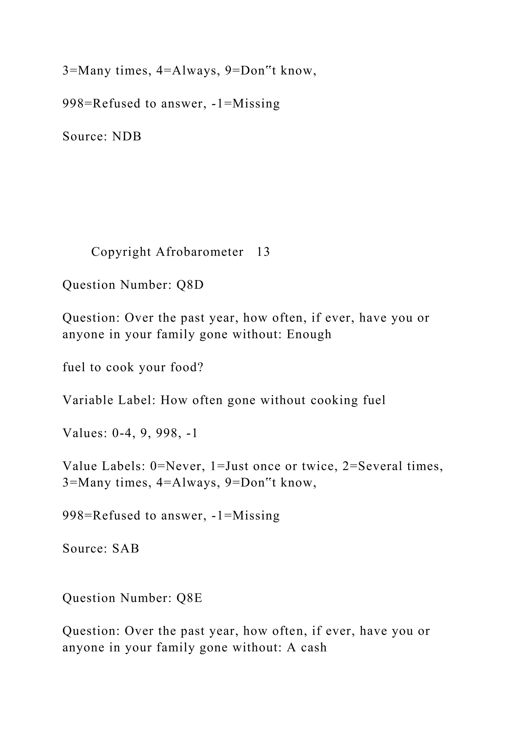 3=Many times, 4=Always, 9=Don‟t know,
998=Refused to answer, -1=Missing
Source: NDB
Copyright Afrobarometer 13
Question Number: Q8D
Question: Over the past year, how often, if ever, have you or
anyone in your family gone without: Enough
fuel to cook your food?
Variable Label: How often gone without cooking fuel
Values: 0-4, 9, 998, -1
Value Labels: 0=Never, 1=Just once or twice, 2=Several times,
3=Many times, 4=Always, 9=Don‟t know,
998=Refused to answer, -1=Missing
Source: SAB
Question Number: Q8E
Question: Over the past year, how often, if ever, have you or
anyone in your family gone without: A cash
 