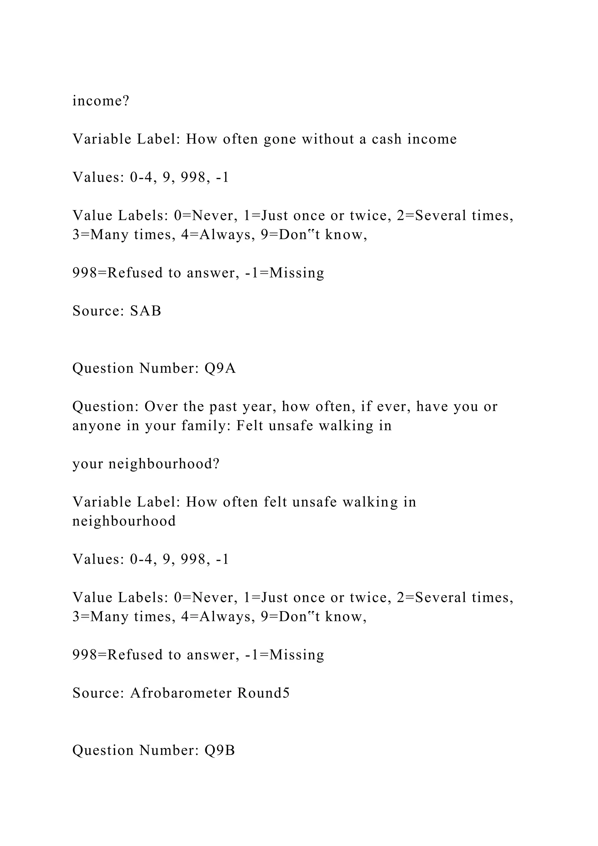 income?
Variable Label: How often gone without a cash income
Values: 0-4, 9, 998, -1
Value Labels: 0=Never, 1=Just once or twice, 2=Several times,
3=Many times, 4=Always, 9=Don‟t know,
998=Refused to answer, -1=Missing
Source: SAB
Question Number: Q9A
Question: Over the past year, how often, if ever, have you or
anyone in your family: Felt unsafe walking in
your neighbourhood?
Variable Label: How often felt unsafe walking in
neighbourhood
Values: 0-4, 9, 998, -1
Value Labels: 0=Never, 1=Just once or twice, 2=Several times,
3=Many times, 4=Always, 9=Don‟t know,
998=Refused to answer, -1=Missing
Source: Afrobarometer Round5
Question Number: Q9B
 
