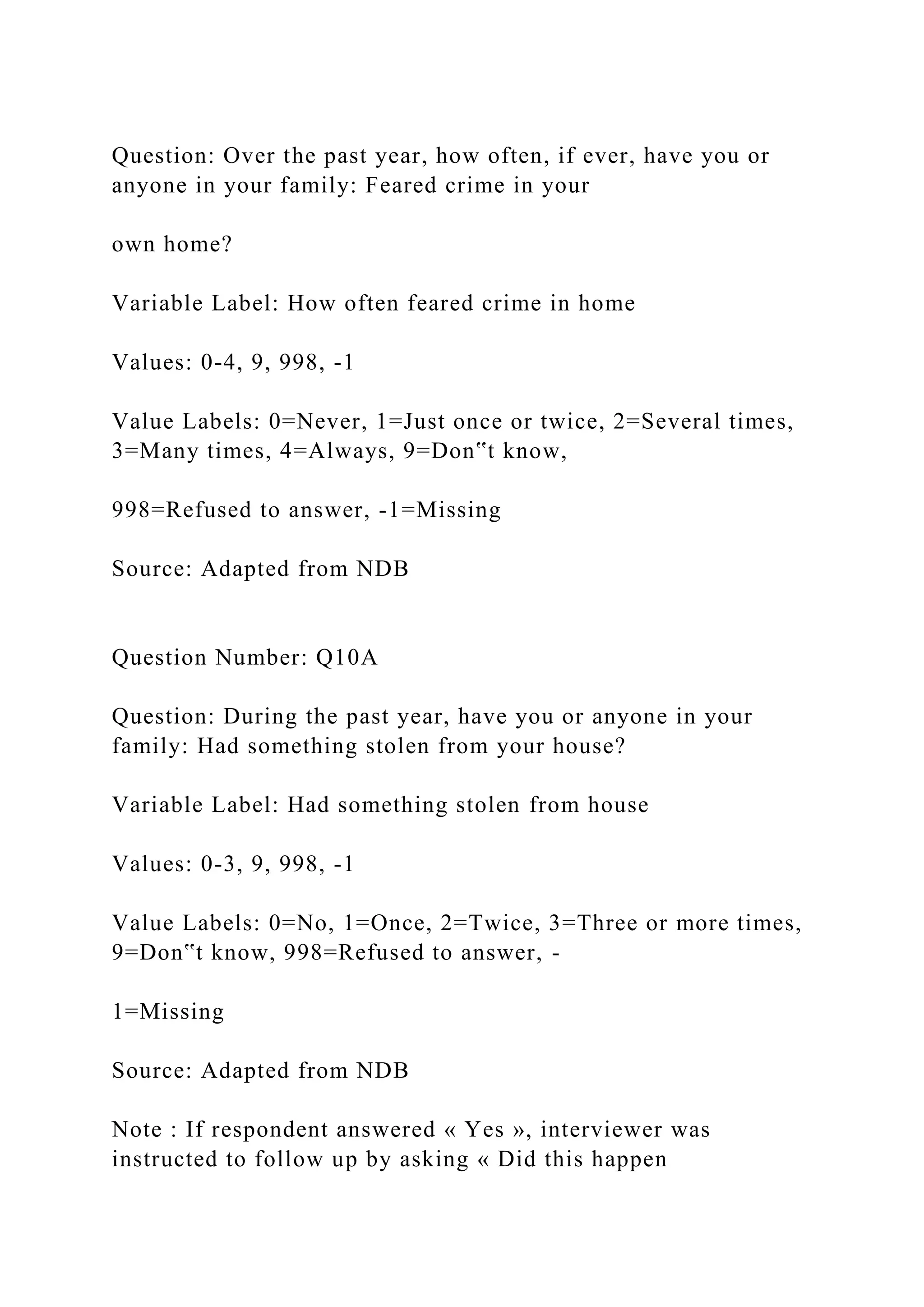 Question: Over the past year, how often, if ever, have you or
anyone in your family: Feared crime in your
own home?
Variable Label: How often feared crime in home
Values: 0-4, 9, 998, -1
Value Labels: 0=Never, 1=Just once or twice, 2=Several times,
3=Many times, 4=Always, 9=Don‟t know,
998=Refused to answer, -1=Missing
Source: Adapted from NDB
Question Number: Q10A
Question: During the past year, have you or anyone in your
family: Had something stolen from your house?
Variable Label: Had something stolen from house
Values: 0-3, 9, 998, -1
Value Labels: 0=No, 1=Once, 2=Twice, 3=Three or more times,
9=Don‟t know, 998=Refused to answer, -
1=Missing
Source: Adapted from NDB
Note : If respondent answered « Yes », interviewer was
instructed to follow up by asking « Did this happen
 