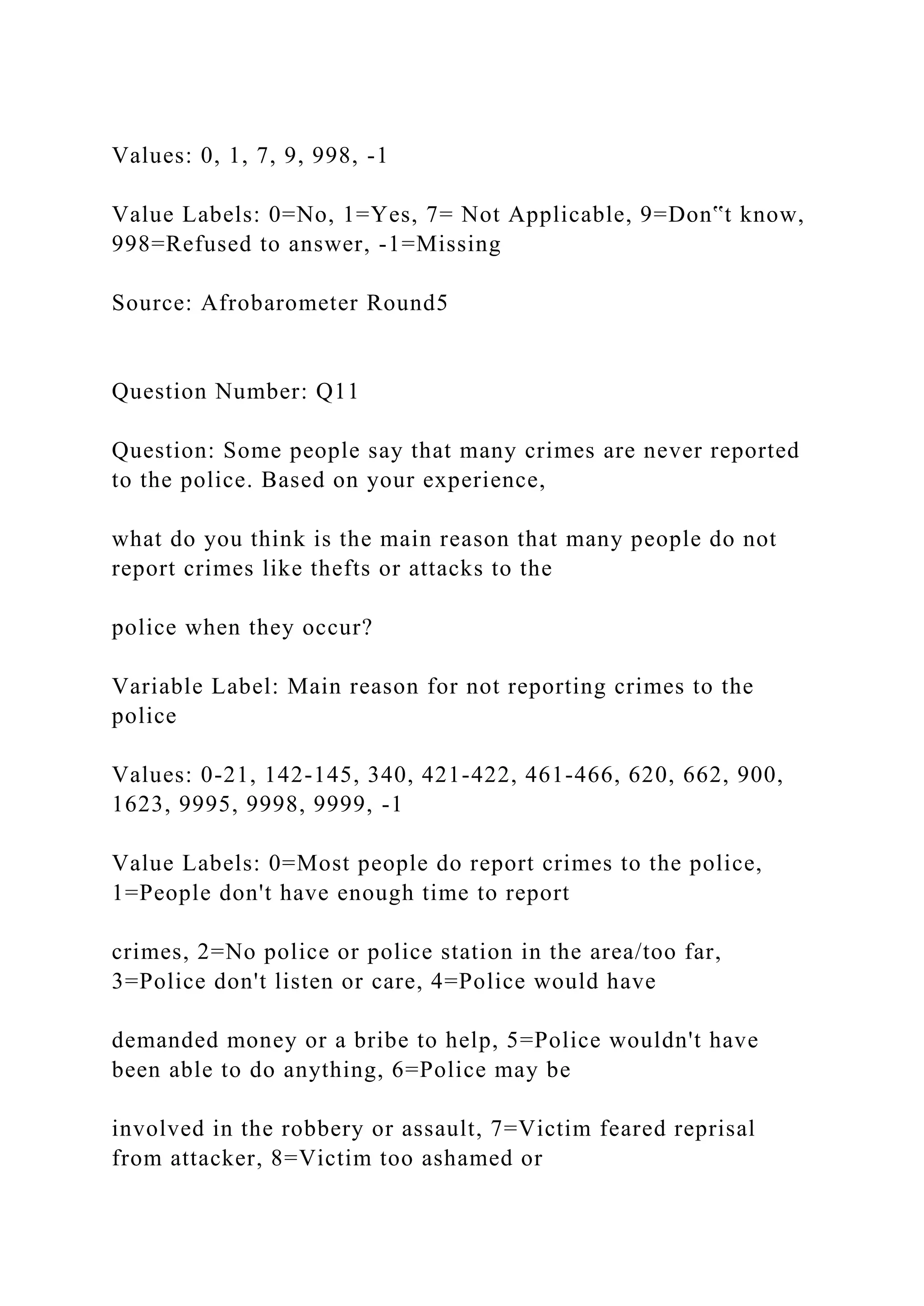 Values: 0, 1, 7, 9, 998, -1
Value Labels: 0=No, 1=Yes, 7= Not Applicable, 9=Don‟t know,
998=Refused to answer, -1=Missing
Source: Afrobarometer Round5
Question Number: Q11
Question: Some people say that many crimes are never reported
to the police. Based on your experience,
what do you think is the main reason that many people do not
report crimes like thefts or attacks to the
police when they occur?
Variable Label: Main reason for not reporting crimes to the
police
Values: 0-21, 142-145, 340, 421-422, 461-466, 620, 662, 900,
1623, 9995, 9998, 9999, -1
Value Labels: 0=Most people do report crimes to the police,
1=People don't have enough time to report
crimes, 2=No police or police station in the area/too far,
3=Police don't listen or care, 4=Police would have
demanded money or a bribe to help, 5=Police wouldn't have
been able to do anything, 6=Police may be
involved in the robbery or assault, 7=Victim feared reprisal
from attacker, 8=Victim too ashamed or
 