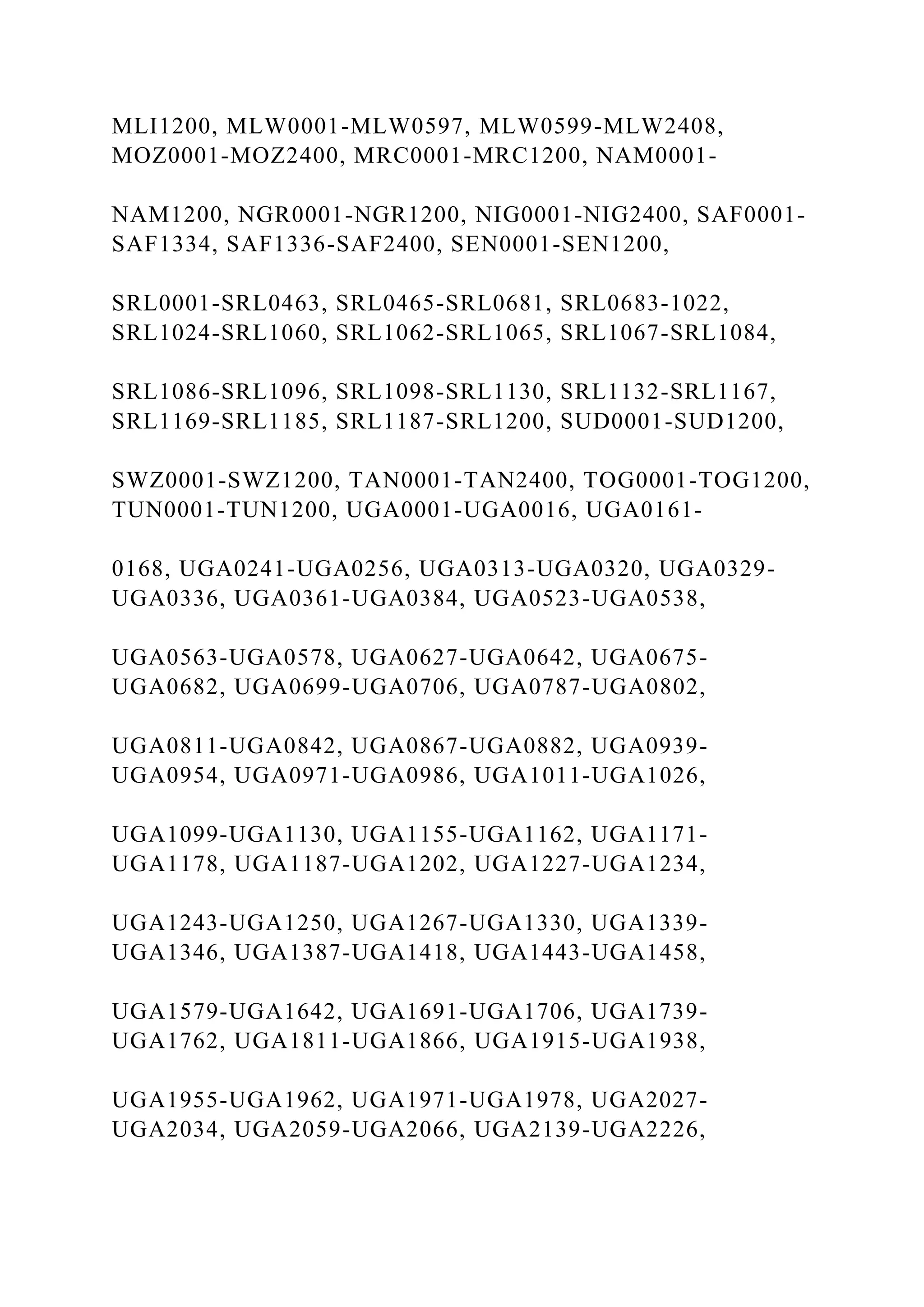 MLI1200, MLW0001-MLW0597, MLW0599-MLW2408,
MOZ0001-MOZ2400, MRC0001-MRC1200, NAM0001-
NAM1200, NGR0001-NGR1200, NIG0001-NIG2400, SAF0001-
SAF1334, SAF1336-SAF2400, SEN0001-SEN1200,
SRL0001-SRL0463, SRL0465-SRL0681, SRL0683-1022,
SRL1024-SRL1060, SRL1062-SRL1065, SRL1067-SRL1084,
SRL1086-SRL1096, SRL1098-SRL1130, SRL1132-SRL1167,
SRL1169-SRL1185, SRL1187-SRL1200, SUD0001-SUD1200,
SWZ0001-SWZ1200, TAN0001-TAN2400, TOG0001-TOG1200,
TUN0001-TUN1200, UGA0001-UGA0016, UGA0161-
0168, UGA0241-UGA0256, UGA0313-UGA0320, UGA0329-
UGA0336, UGA0361-UGA0384, UGA0523-UGA0538,
UGA0563-UGA0578, UGA0627-UGA0642, UGA0675-
UGA0682, UGA0699-UGA0706, UGA0787-UGA0802,
UGA0811-UGA0842, UGA0867-UGA0882, UGA0939-
UGA0954, UGA0971-UGA0986, UGA1011-UGA1026,
UGA1099-UGA1130, UGA1155-UGA1162, UGA1171-
UGA1178, UGA1187-UGA1202, UGA1227-UGA1234,
UGA1243-UGA1250, UGA1267-UGA1330, UGA1339-
UGA1346, UGA1387-UGA1418, UGA1443-UGA1458,
UGA1579-UGA1642, UGA1691-UGA1706, UGA1739-
UGA1762, UGA1811-UGA1866, UGA1915-UGA1938,
UGA1955-UGA1962, UGA1971-UGA1978, UGA2027-
UGA2034, UGA2059-UGA2066, UGA2139-UGA2226,
 