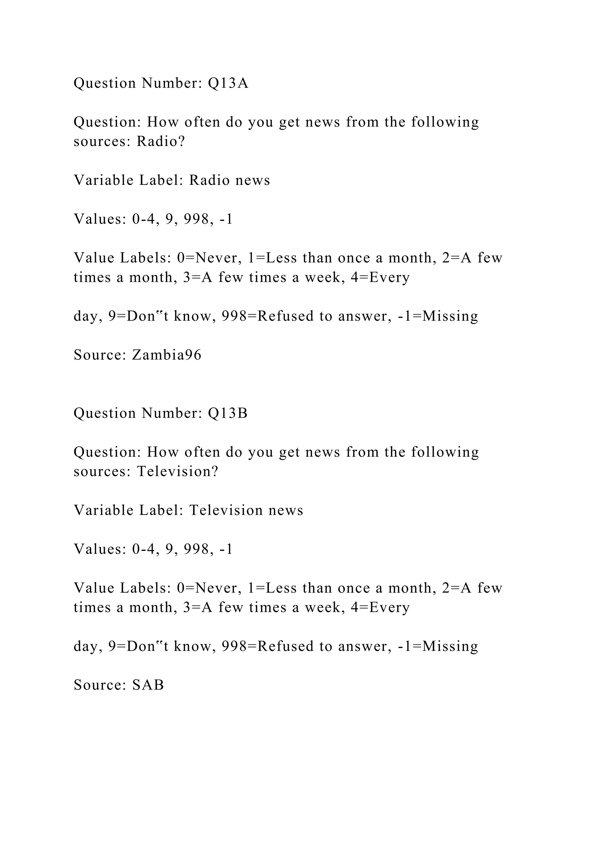 Question Number: Q13A
Question: How often do you get news from the following
sources: Radio?
Variable Label: Radio news
Values: 0-4, 9, 998, -1
Value Labels: 0=Never, 1=Less than once a month, 2=A few
times a month, 3=A few times a week, 4=Every
day, 9=Don‟t know, 998=Refused to answer, -1=Missing
Source: Zambia96
Question Number: Q13B
Question: How often do you get news from the following
sources: Television?
Variable Label: Television news
Values: 0-4, 9, 998, -1
Value Labels: 0=Never, 1=Less than once a month, 2=A few
times a month, 3=A few times a week, 4=Every
day, 9=Don‟t know, 998=Refused to answer, -1=Missing
Source: SAB
 