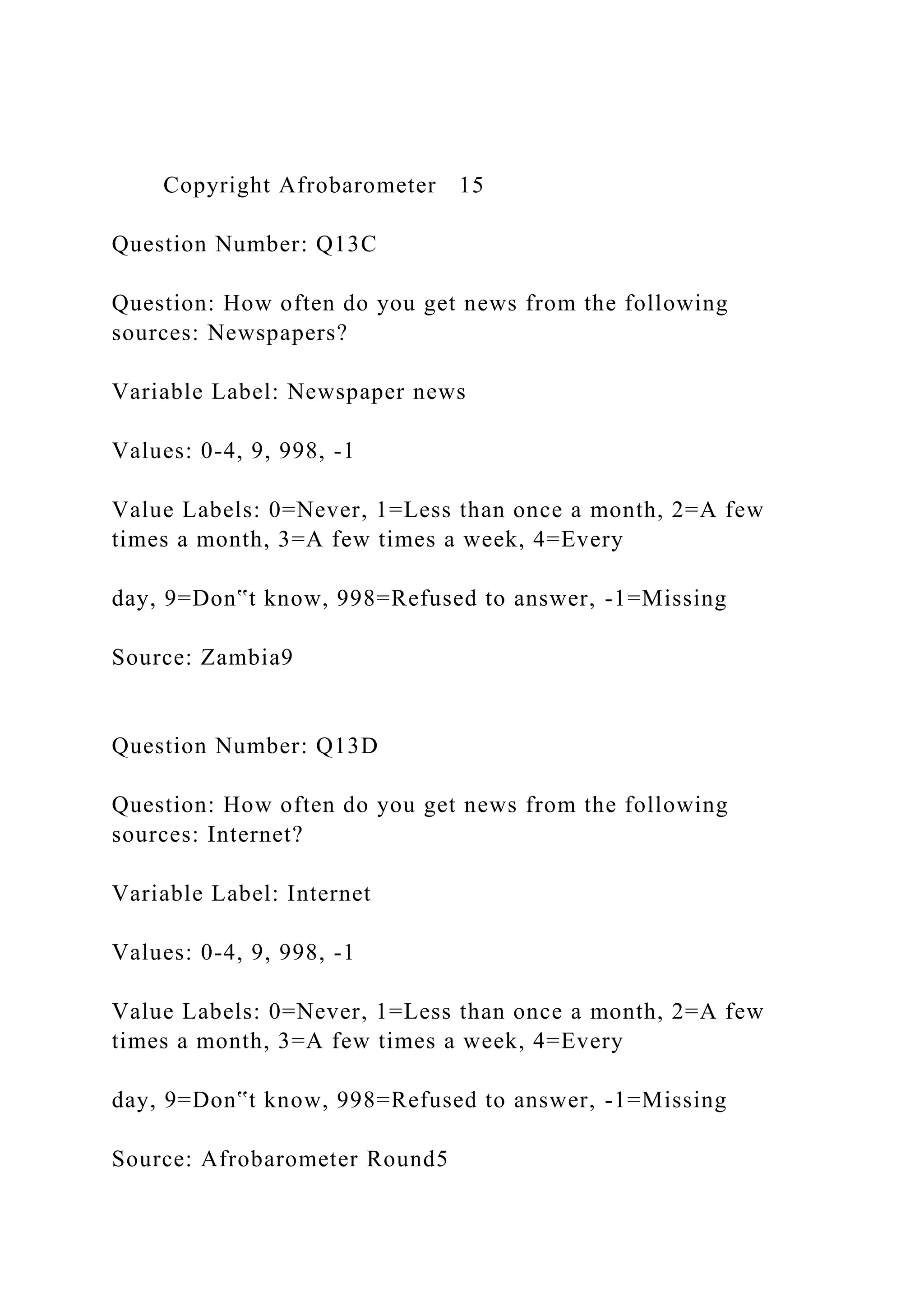Copyright Afrobarometer 15
Question Number: Q13C
Question: How often do you get news from the following
sources: Newspapers?
Variable Label: Newspaper news
Values: 0-4, 9, 998, -1
Value Labels: 0=Never, 1=Less than once a month, 2=A few
times a month, 3=A few times a week, 4=Every
day, 9=Don‟t know, 998=Refused to answer, -1=Missing
Source: Zambia9
Question Number: Q13D
Question: How often do you get news from the following
sources: Internet?
Variable Label: Internet
Values: 0-4, 9, 998, -1
Value Labels: 0=Never, 1=Less than once a month, 2=A few
times a month, 3=A few times a week, 4=Every
day, 9=Don‟t know, 998=Refused to answer, -1=Missing
Source: Afrobarometer Round5
 