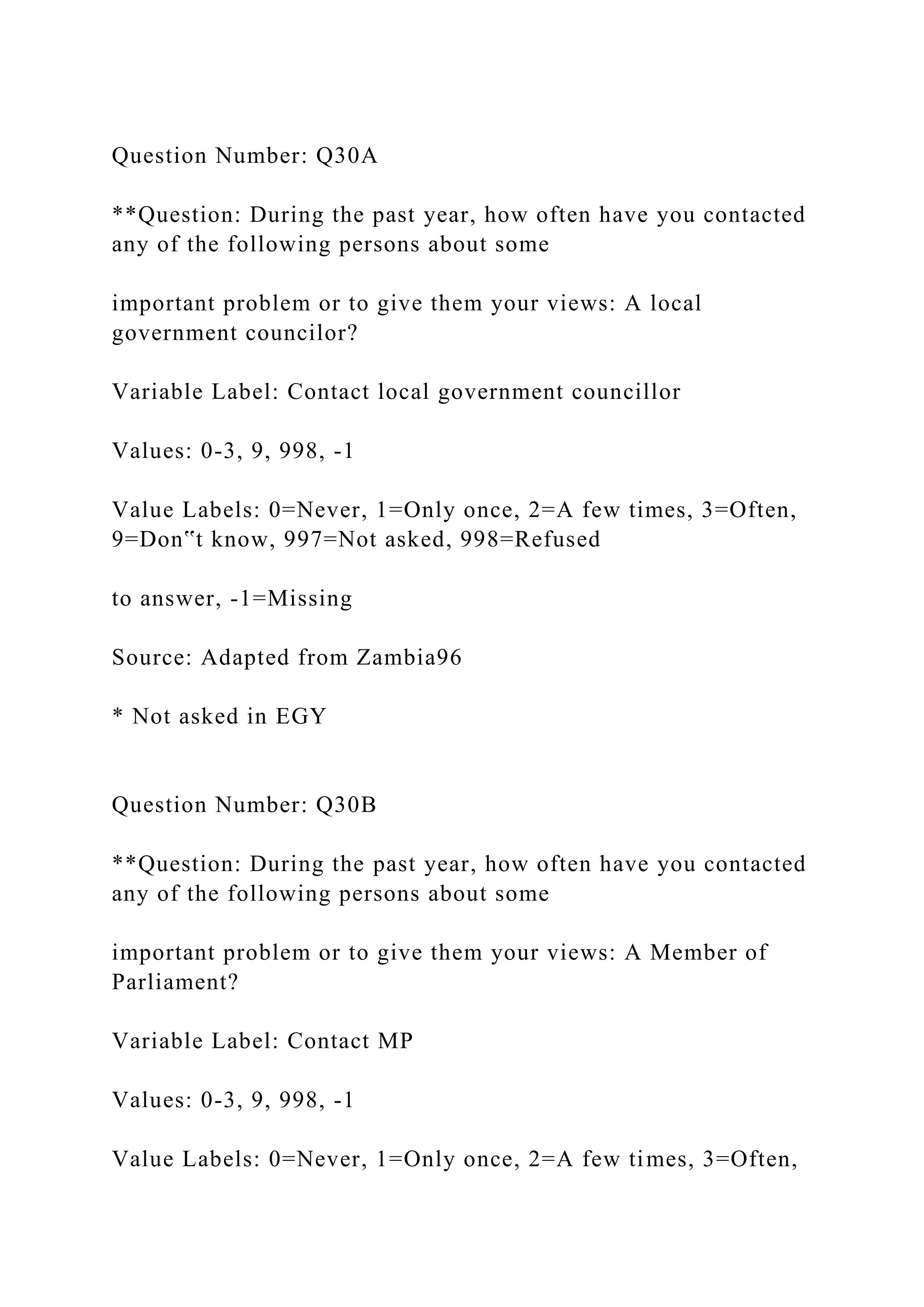 Question Number: Q30A
**Question: During the past year, how often have you contacted
any of the following persons about some
important problem or to give them your views: A local
government councilor?
Variable Label: Contact local government councillor
Values: 0-3, 9, 998, -1
Value Labels: 0=Never, 1=Only once, 2=A few times, 3=Often,
9=Don‟t know, 997=Not asked, 998=Refused
to answer, -1=Missing
Source: Adapted from Zambia96
* Not asked in EGY
Question Number: Q30B
**Question: During the past year, how often have you contacted
any of the following persons about some
important problem or to give them your views: A Member of
Parliament?
Variable Label: Contact MP
Values: 0-3, 9, 998, -1
Value Labels: 0=Never, 1=Only once, 2=A few times, 3=Often,
 
