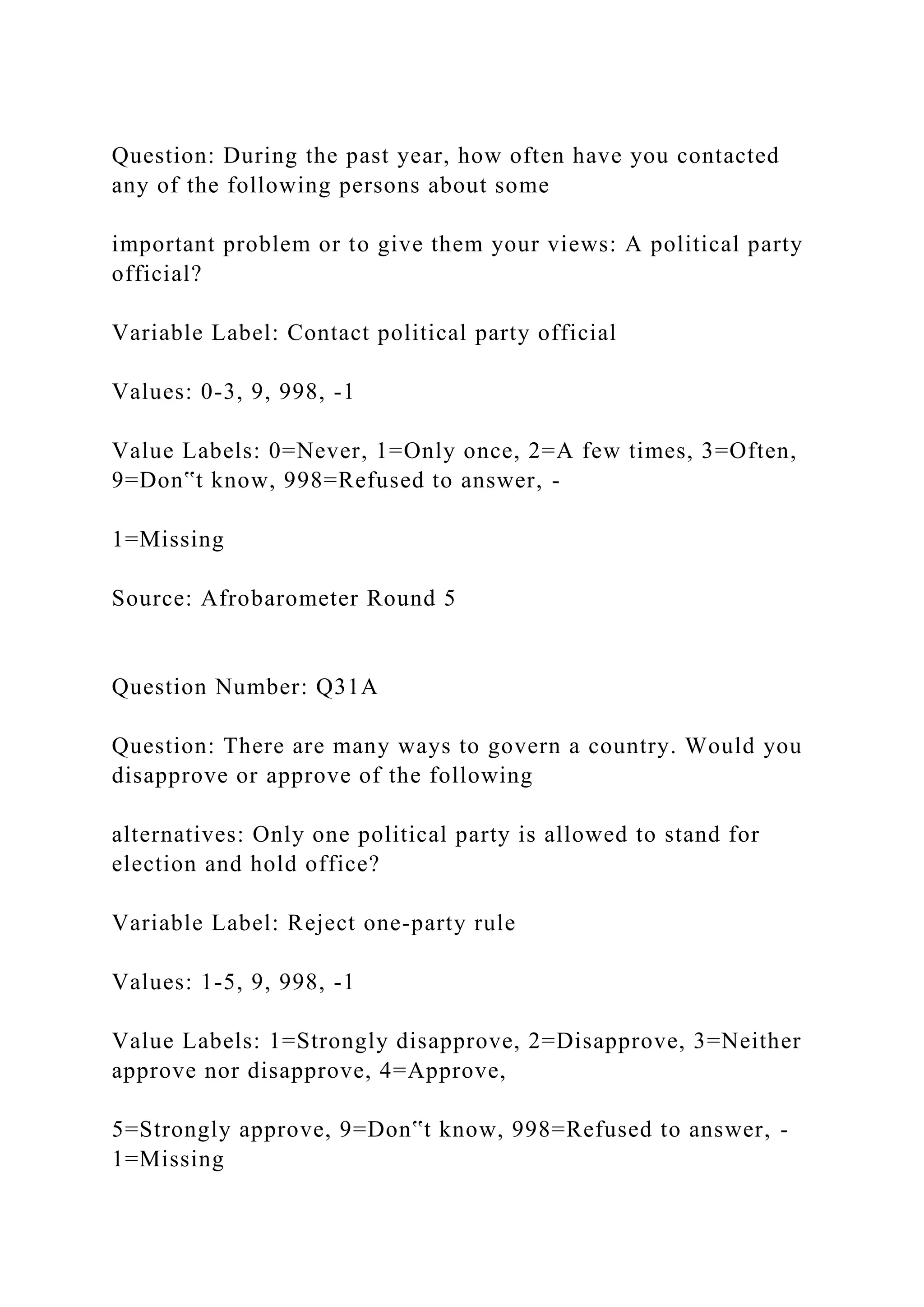 Question: During the past year, how often have you contacted
any of the following persons about some
important problem or to give them your views: A political party
official?
Variable Label: Contact political party official
Values: 0-3, 9, 998, -1
Value Labels: 0=Never, 1=Only once, 2=A few times, 3=Often,
9=Don‟t know, 998=Refused to answer, -
1=Missing
Source: Afrobarometer Round 5
Question Number: Q31A
Question: There are many ways to govern a country. Would you
disapprove or approve of the following
alternatives: Only one political party is allowed to stand for
election and hold office?
Variable Label: Reject one-party rule
Values: 1-5, 9, 998, -1
Value Labels: 1=Strongly disapprove, 2=Disapprove, 3=Neither
approve nor disapprove, 4=Approve,
5=Strongly approve, 9=Don‟t know, 998=Refused to answer, -
1=Missing
 