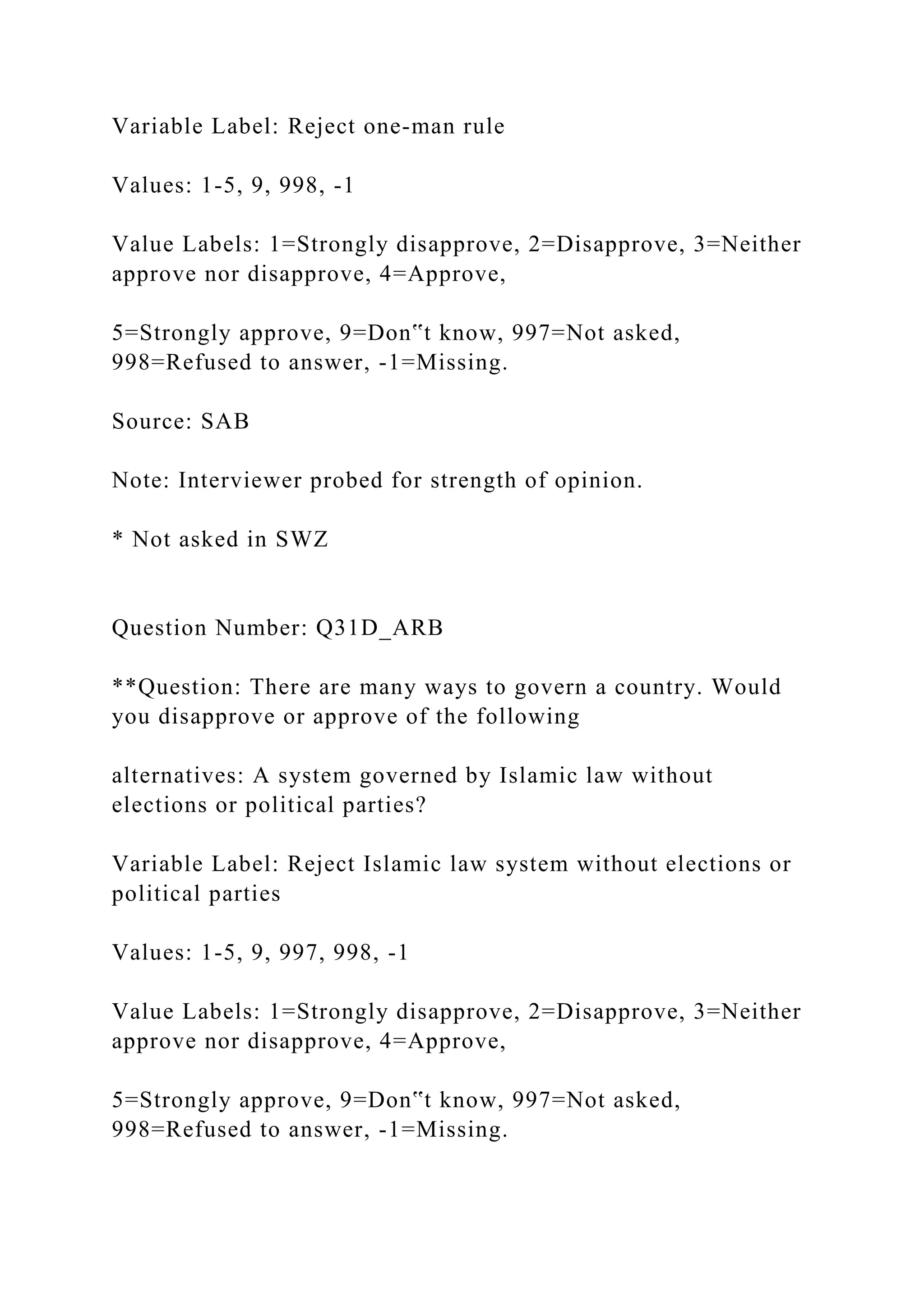 Variable Label: Reject one-man rule
Values: 1-5, 9, 998, -1
Value Labels: 1=Strongly disapprove, 2=Disapprove, 3=Neither
approve nor disapprove, 4=Approve,
5=Strongly approve, 9=Don‟t know, 997=Not asked,
998=Refused to answer, -1=Missing.
Source: SAB
Note: Interviewer probed for strength of opinion.
* Not asked in SWZ
Question Number: Q31D_ARB
**Question: There are many ways to govern a country. Would
you disapprove or approve of the following
alternatives: A system governed by Islamic law without
elections or political parties?
Variable Label: Reject Islamic law system without elections or
political parties
Values: 1-5, 9, 997, 998, -1
Value Labels: 1=Strongly disapprove, 2=Disapprove, 3=Neither
approve nor disapprove, 4=Approve,
5=Strongly approve, 9=Don‟t know, 997=Not asked,
998=Refused to answer, -1=Missing.
 
