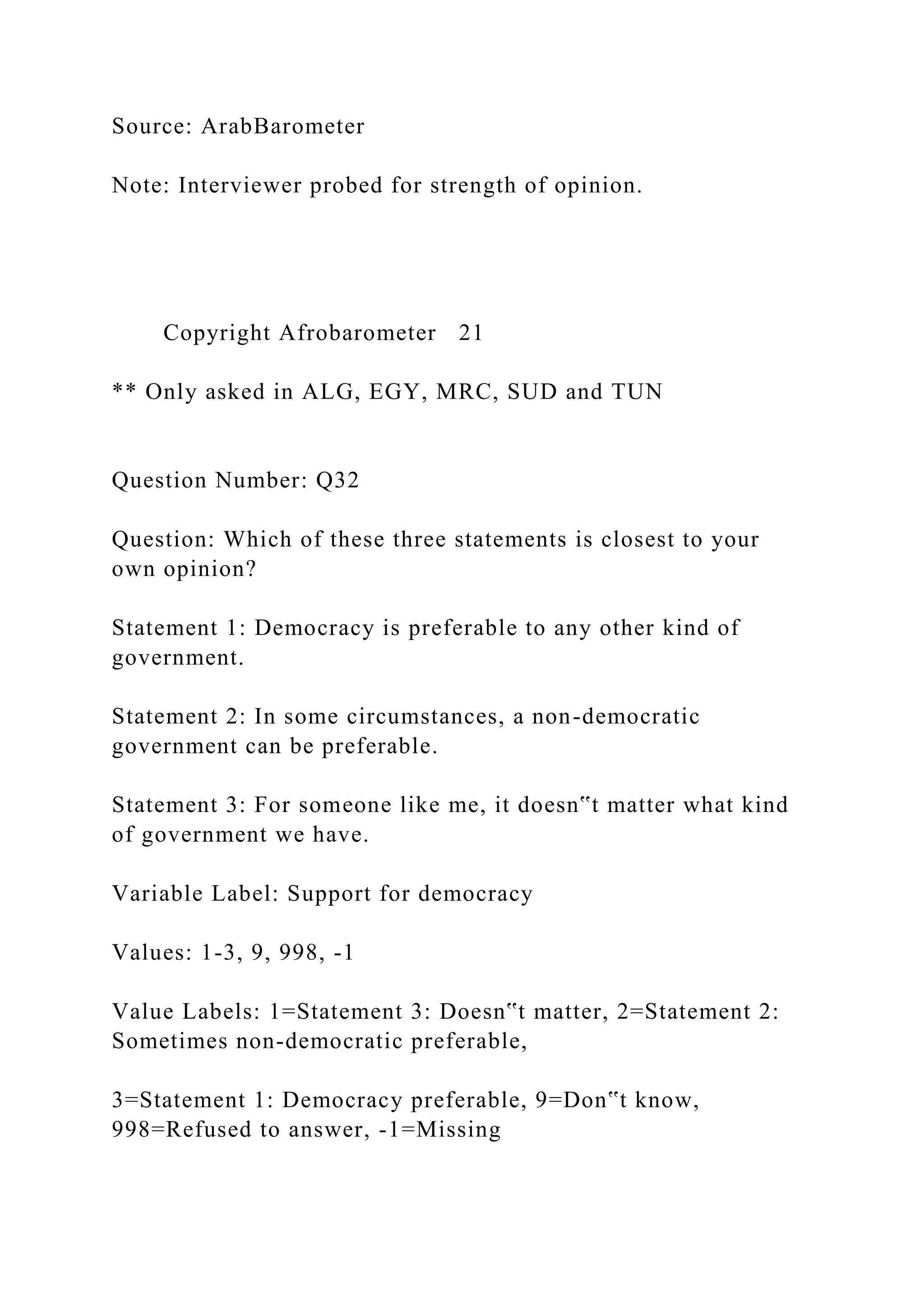 Source: ArabBarometer
Note: Interviewer probed for strength of opinion.
Copyright Afrobarometer 21
** Only asked in ALG, EGY, MRC, SUD and TUN
Question Number: Q32
Question: Which of these three statements is closest to your
own opinion?
Statement 1: Democracy is preferable to any other kind of
government.
Statement 2: In some circumstances, a non-democratic
government can be preferable.
Statement 3: For someone like me, it doesn‟t matter what kind
of government we have.
Variable Label: Support for democracy
Values: 1-3, 9, 998, -1
Value Labels: 1=Statement 3: Doesn‟t matter, 2=Statement 2:
Sometimes non-democratic preferable,
3=Statement 1: Democracy preferable, 9=Don‟t know,
998=Refused to answer, -1=Missing
 